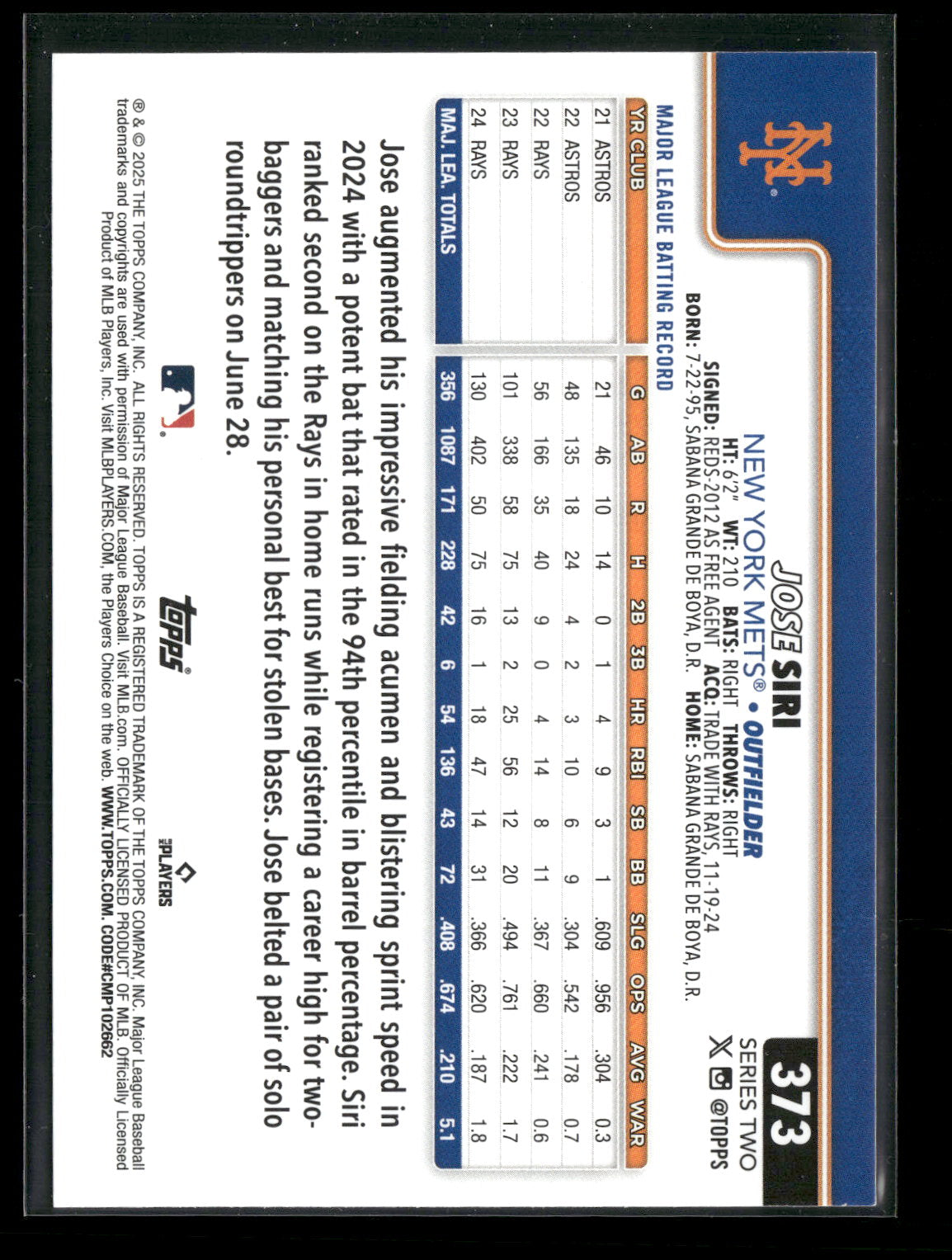 2025 Topps Series 2 Baseball Jose Siri #373