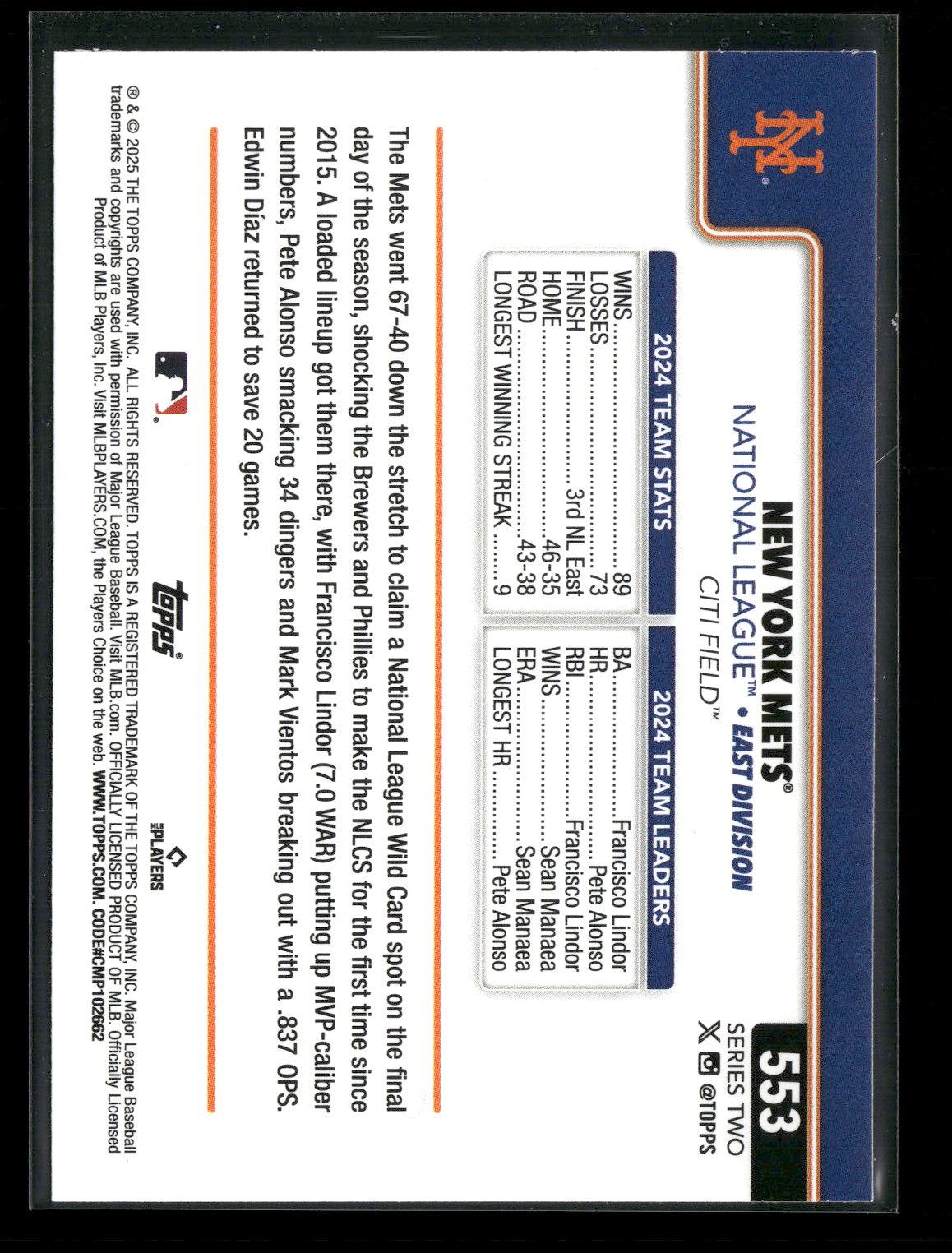 2025 Topps Series 2 Baseball New York Mets Team Card #553