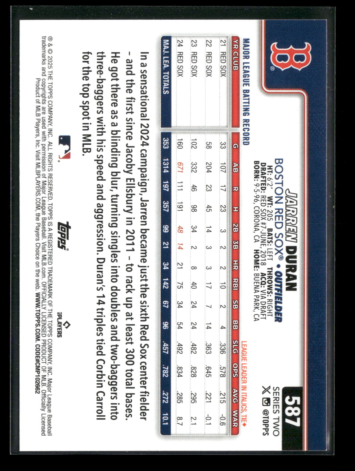 2025 Topps Series 2 Baseball Jarren Duran #587