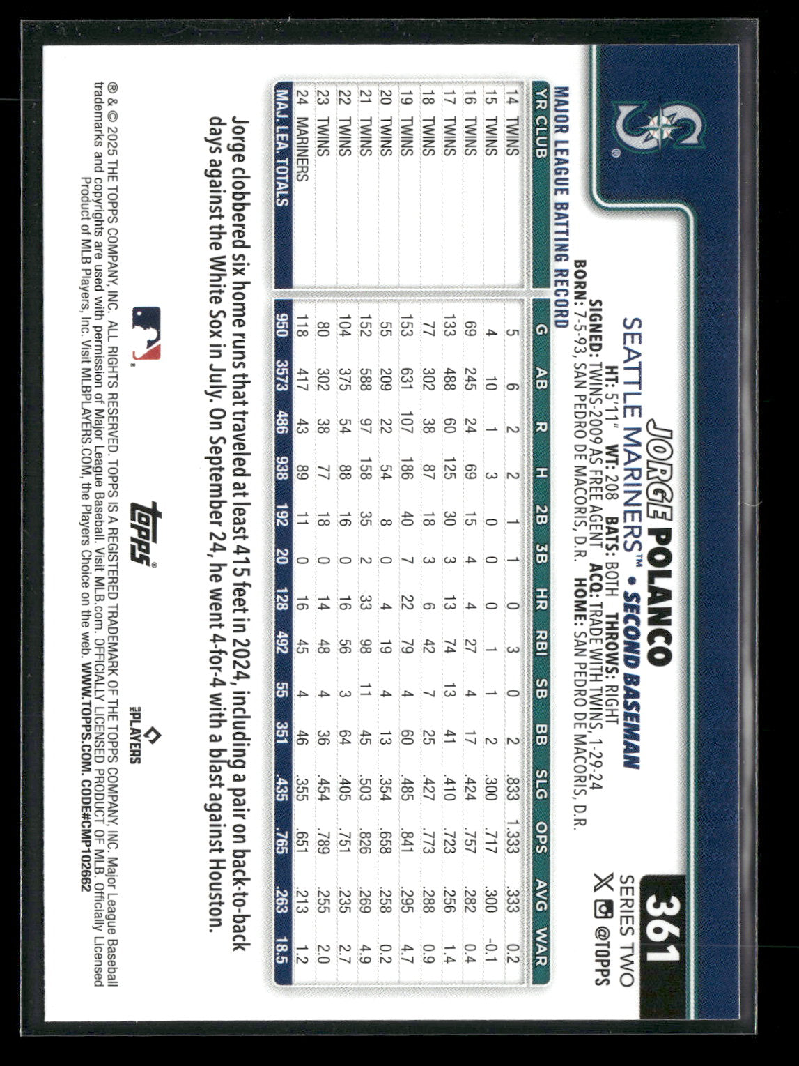 2025 Topps Series 2 Baseball Jorge Polanco #361