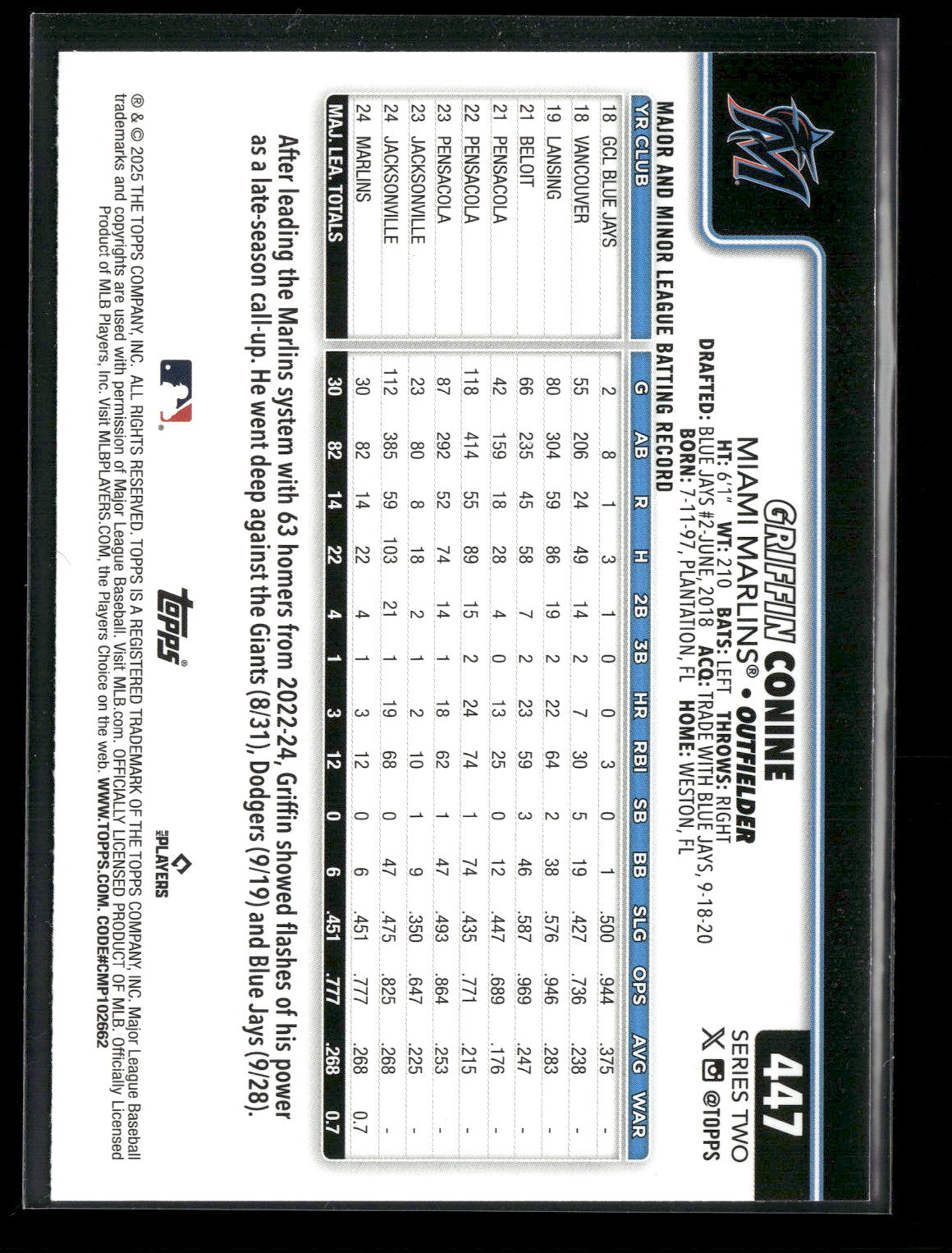 2025 Topps Series 2 Baseball Griffin Conine #447 RC