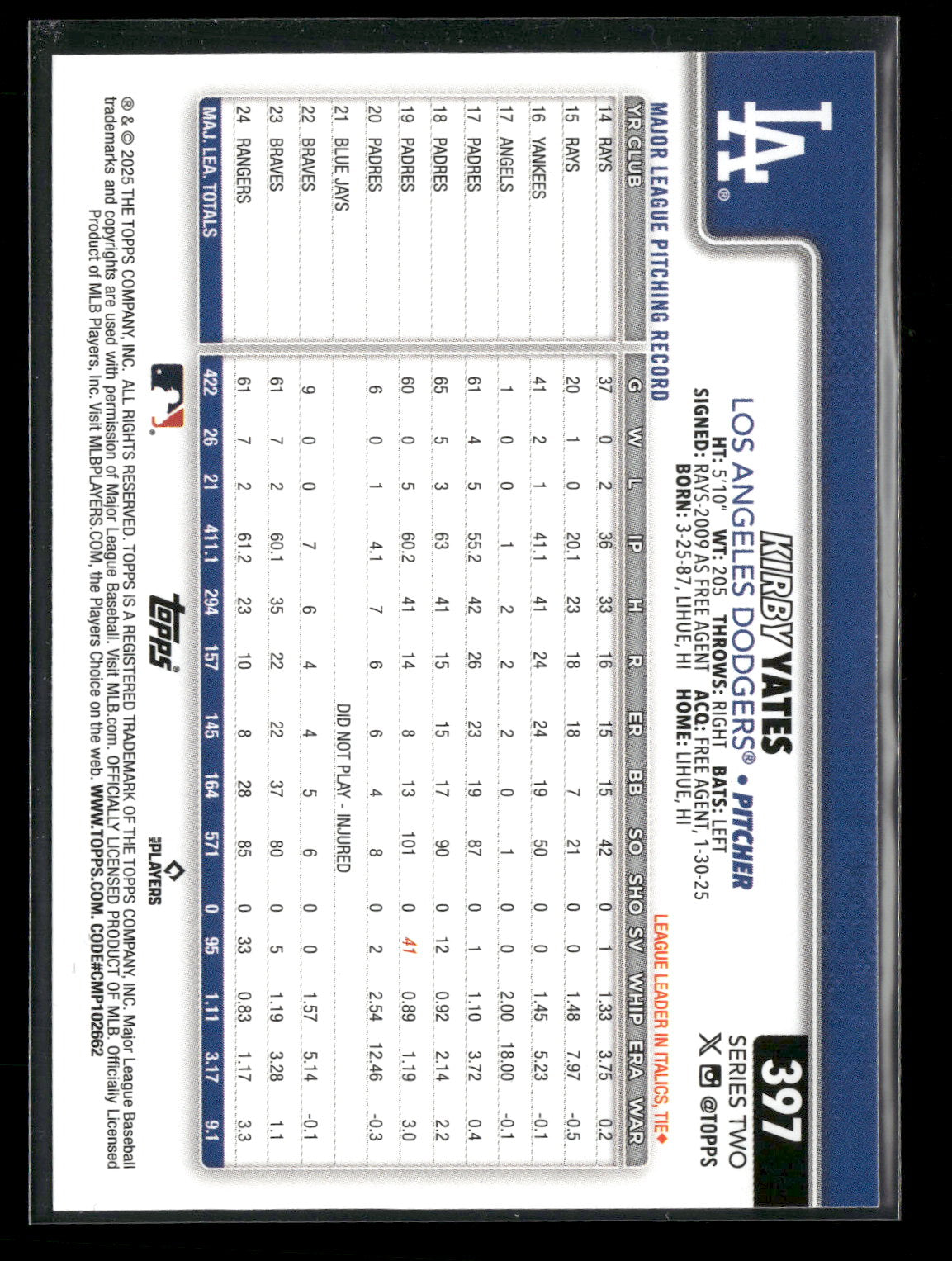 2025 Topps Series 2 Baseball Kirby Yates #397