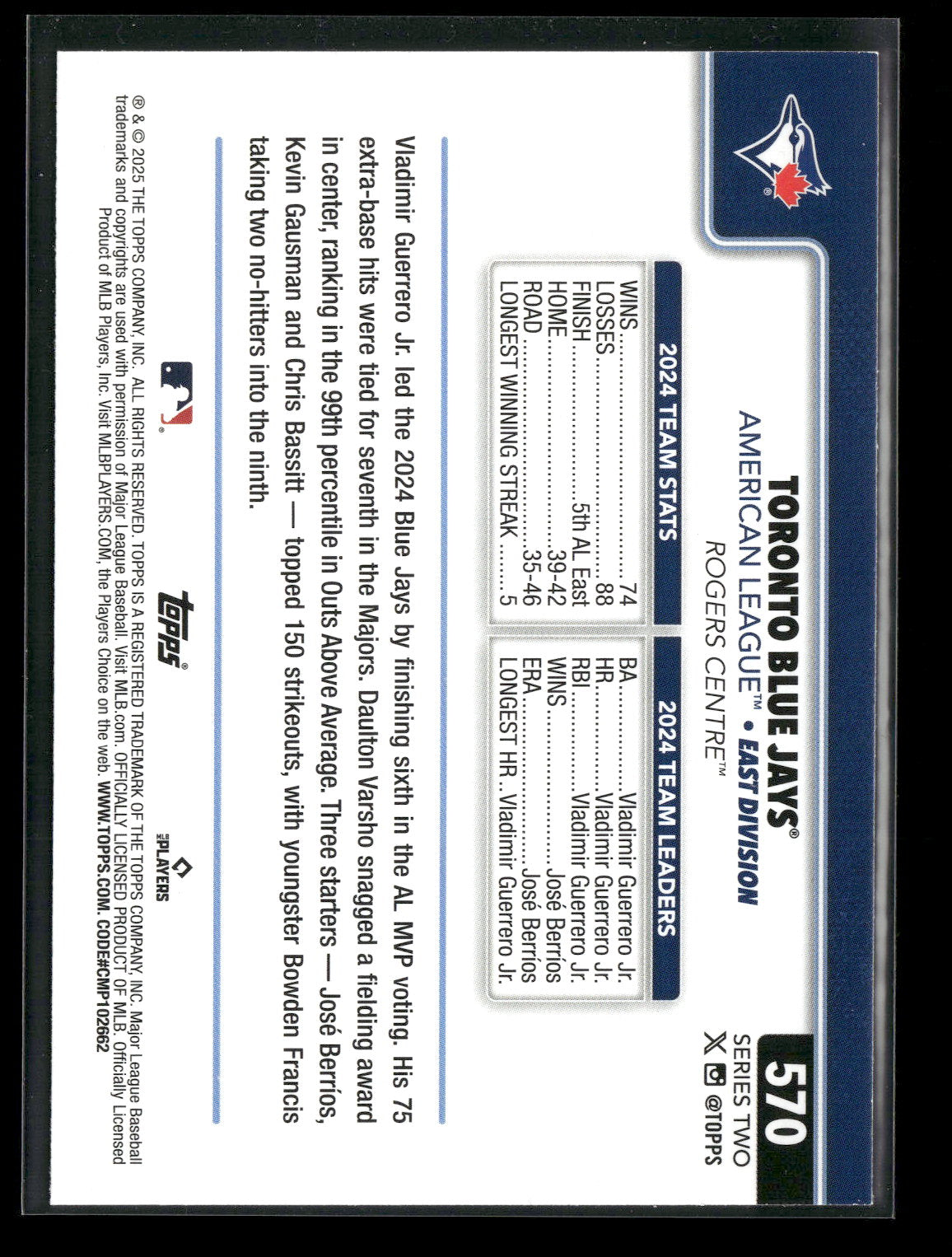 2025 Topps Series 2 Baseball Toronto Blue Jays #570