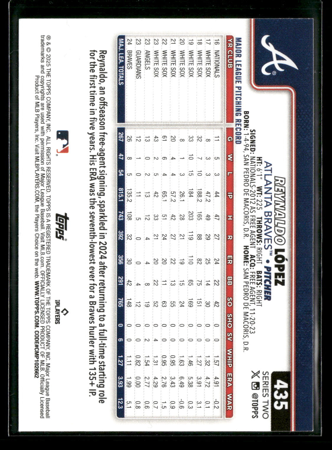 2025 Topps Series 2 Baseball Reynaldo López #435