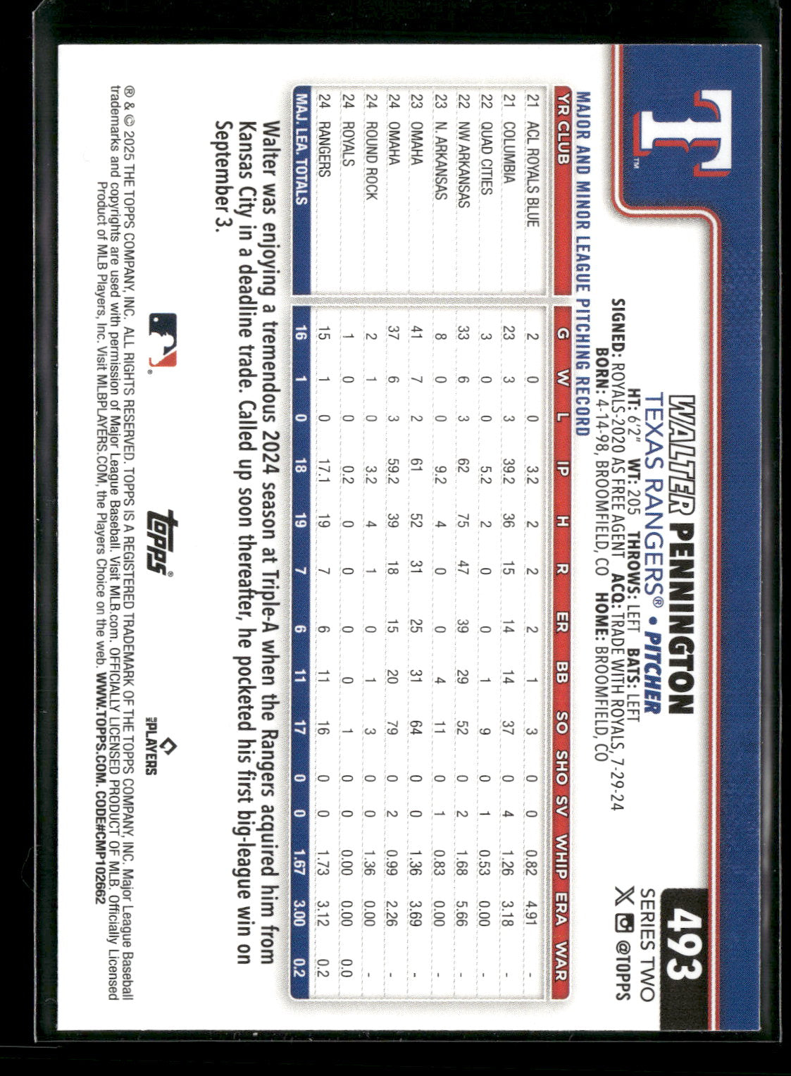 2025 Topps Series 2 Baseball Walter Pennington #493 RC