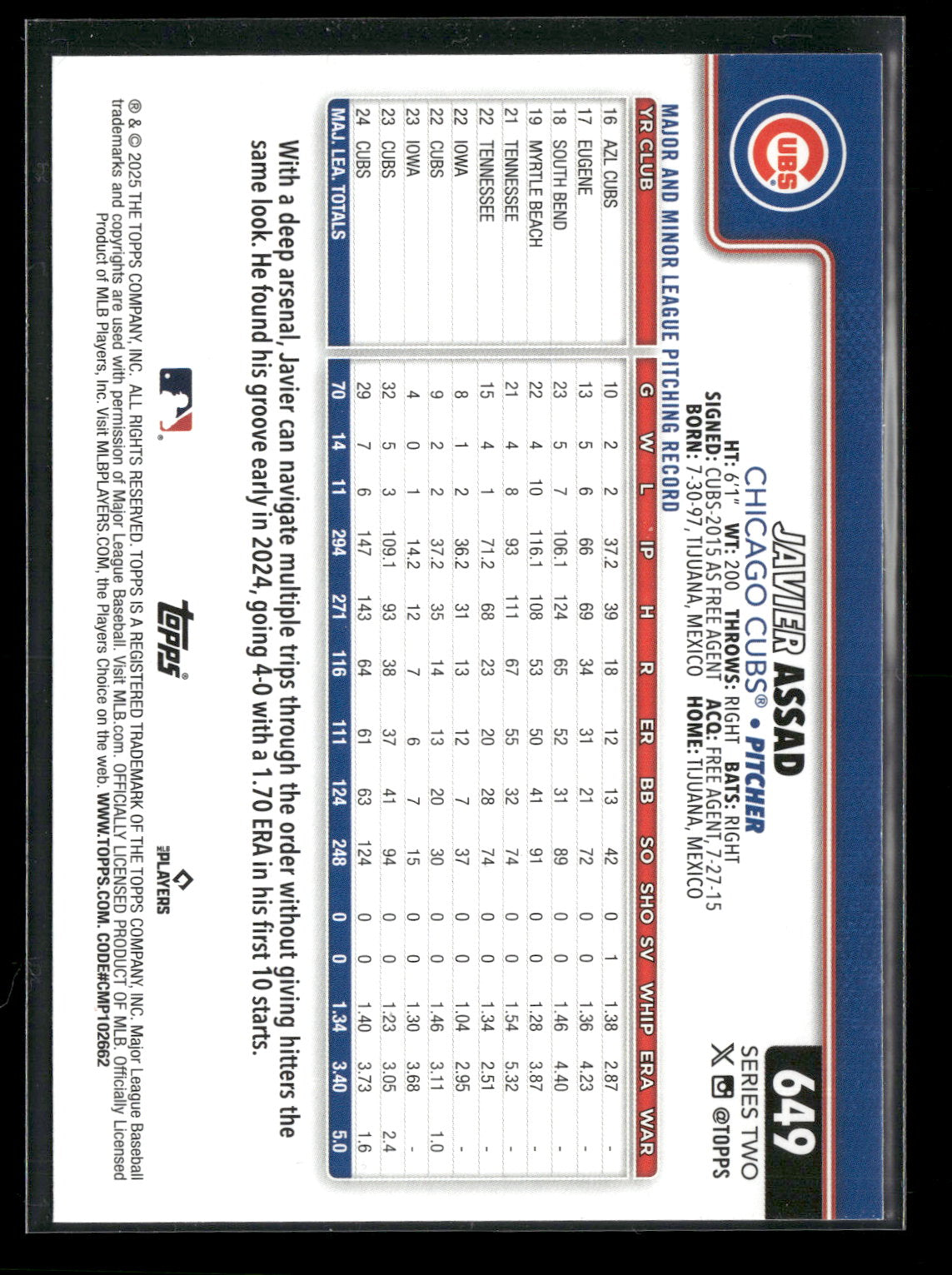 2025 Topps Series 2 Baseball Javier Assad #649