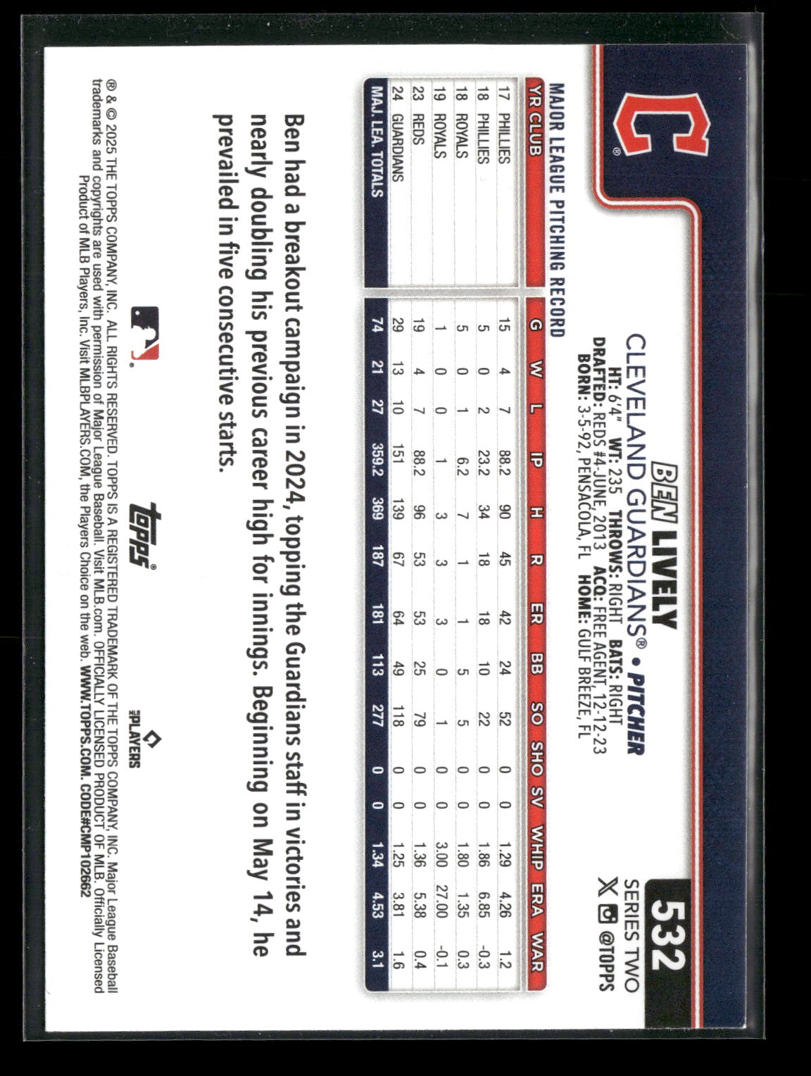 2025 Topps Series 2 Baseball Ben Lively #532