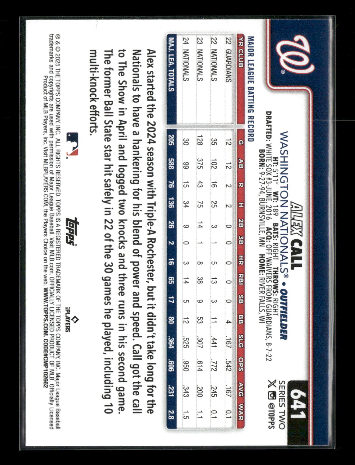 2025 Topps Series 2 Baseball Alex Call #641