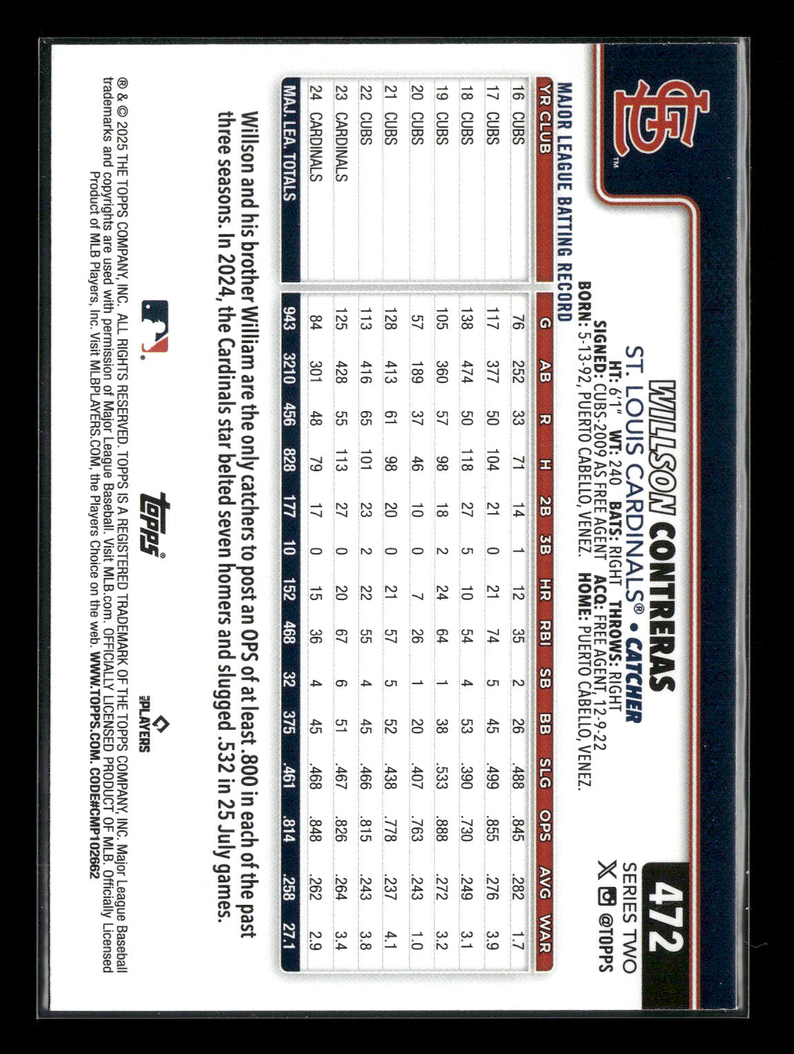 2025 Topps Series 2 Baseball Willson Contreras #472