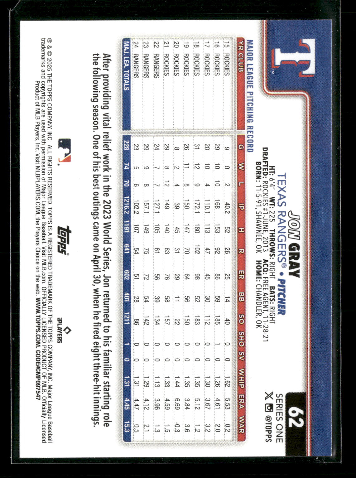 2025 Topps Series 1 Baseball Jon Gray #62