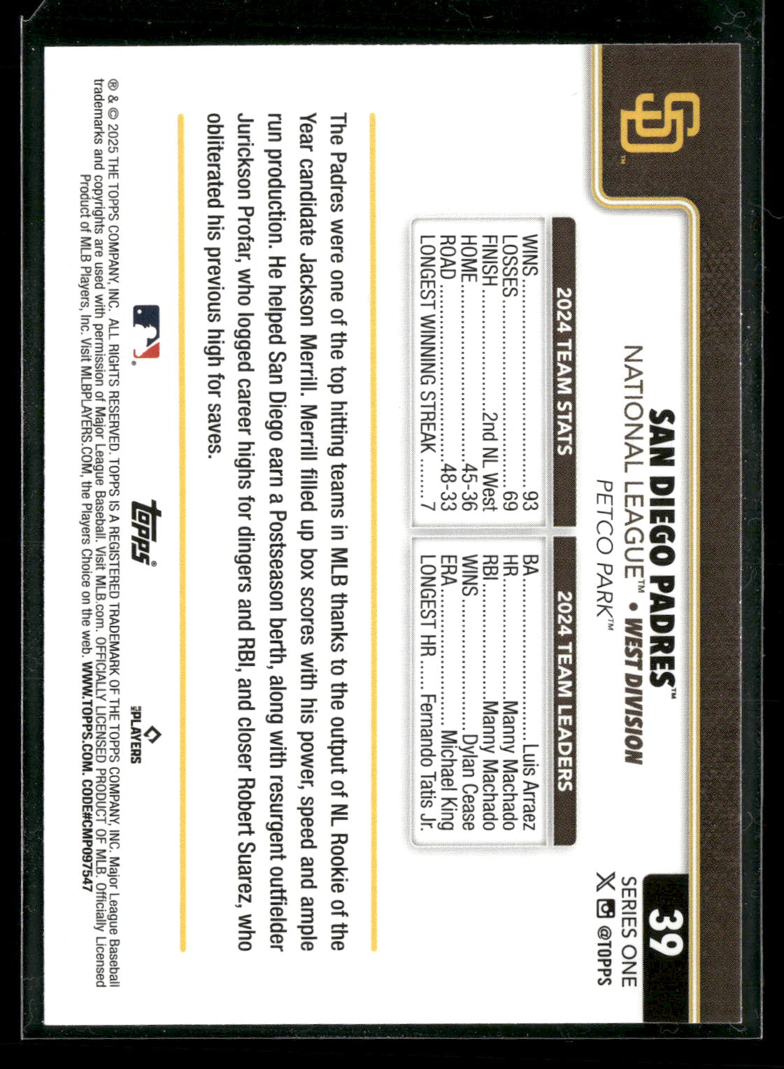 2025 Topps Series 1 Baseball San Diego Padres Team Card #39