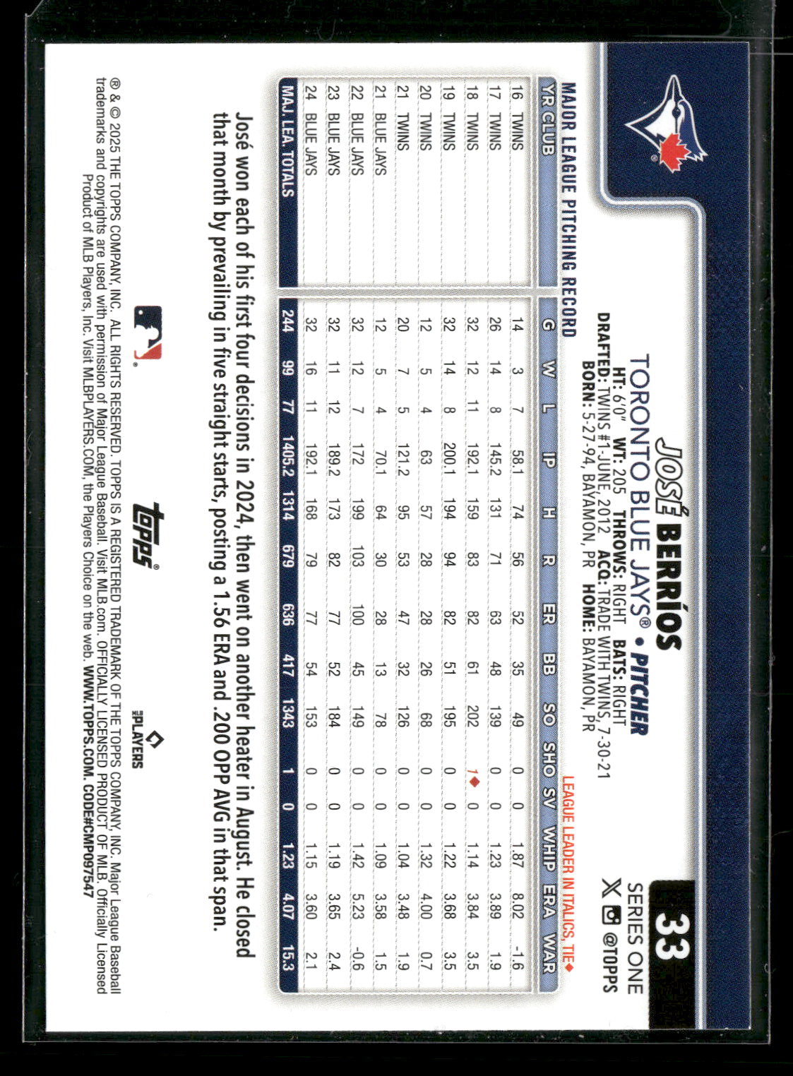 2025 Topps Series 1 Baseball José Berríos #33