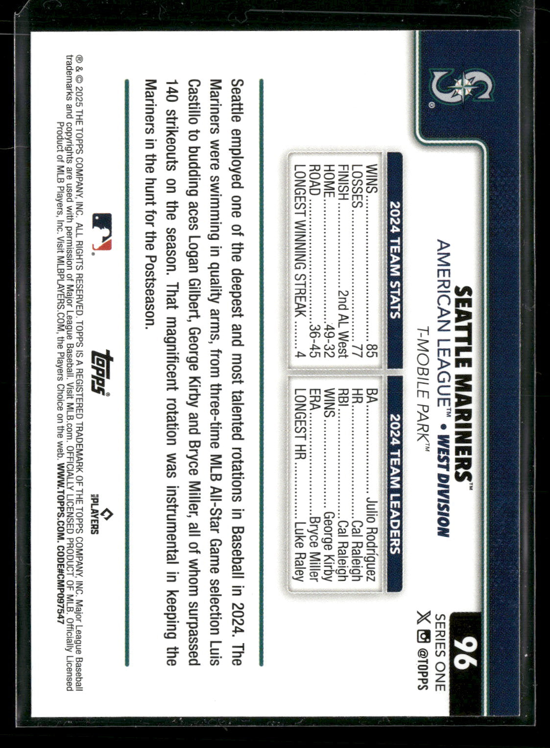 2025 Topps Series 1 Baseball Seattle Mariners Team Card #96