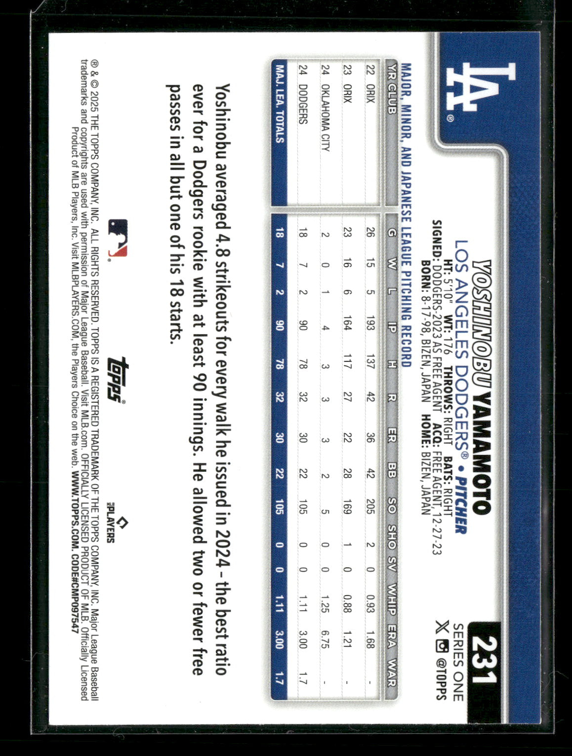 2025 Topps Series 1 Baseball Yoshinobu Yamamoto #231