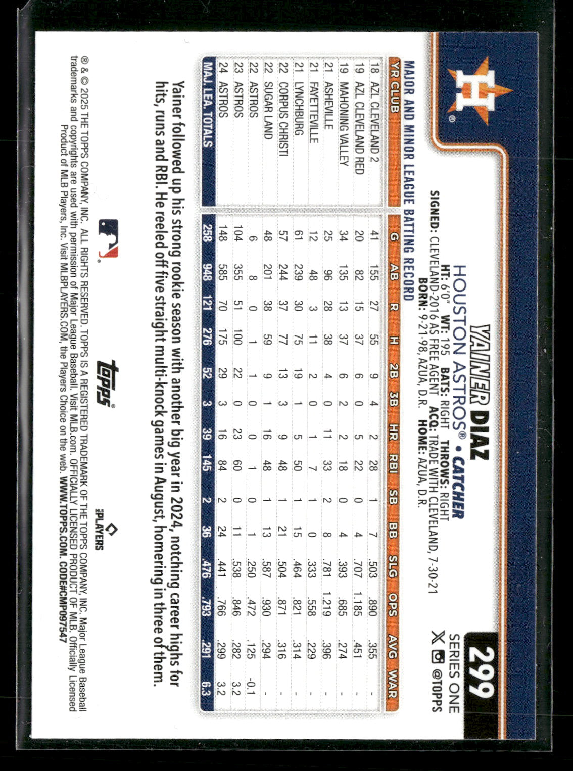 2025 Topps Series 1 Baseball Yainer Diaz #299
