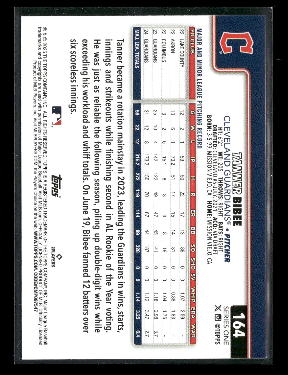 2025 Topps Series 1 Baseball Tanner Bibee #164