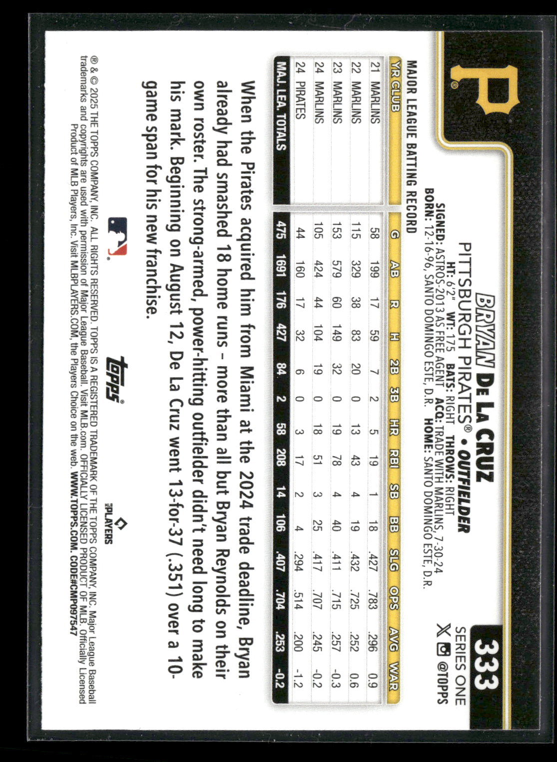 2025 Topps Series 1 Baseball Bryan De La Cruz #333