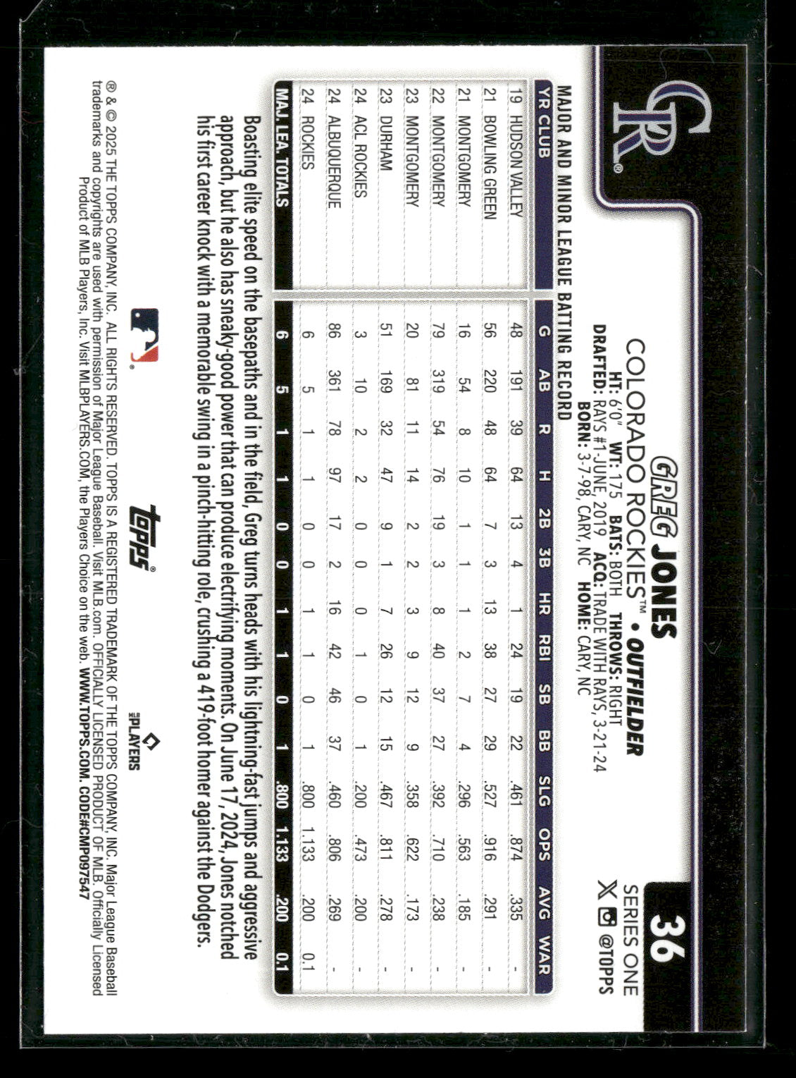 2025 Topps Series 1 Baseball Greg Jones #36 RC