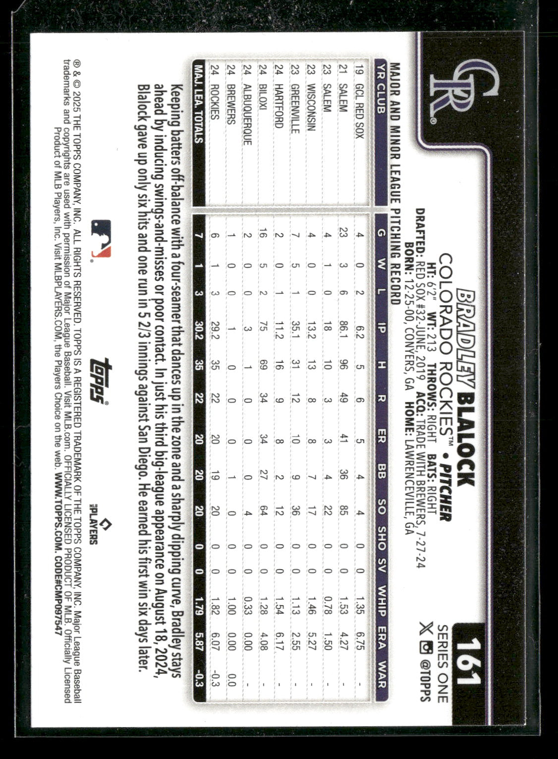 2025 Topps Series 1 Baseball Bradley Blalock #161 RC