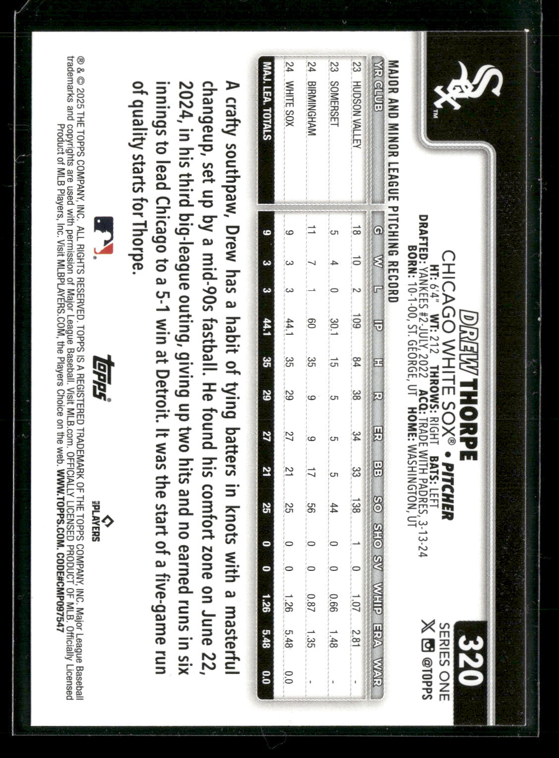 2025 Topps Series 1 Baseball Drew Thorpe #320 RC