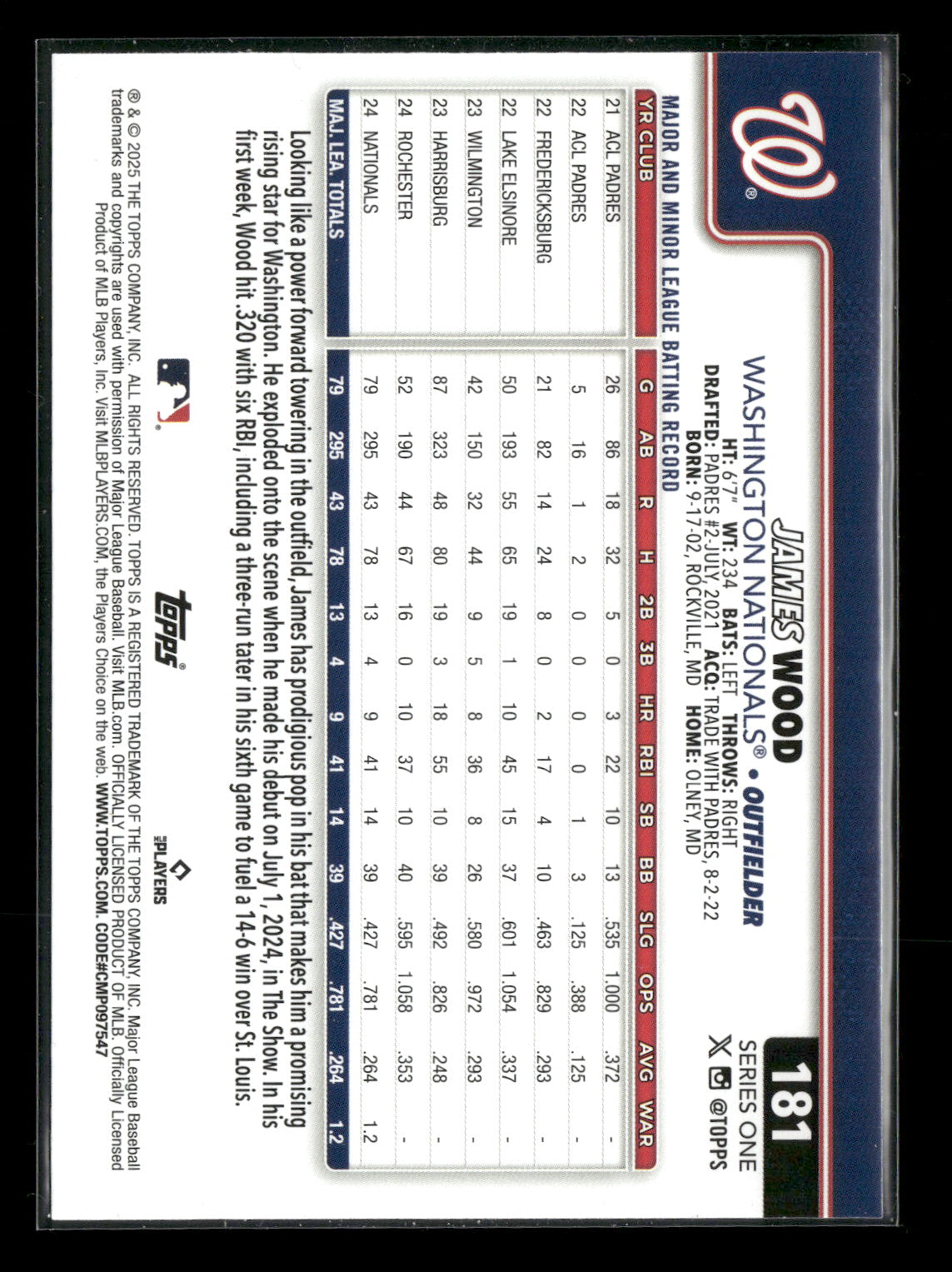 2025 Topps Series 1 Baseball James Wood #181 RC