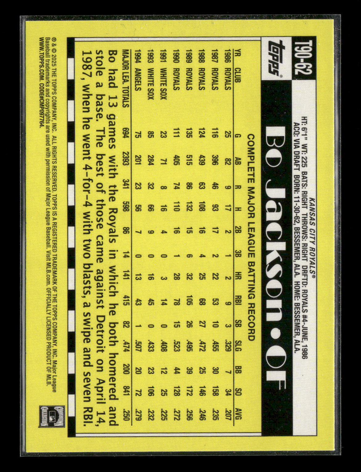 2025 1990 Topps Baseball Bo Jackson #T90-62
