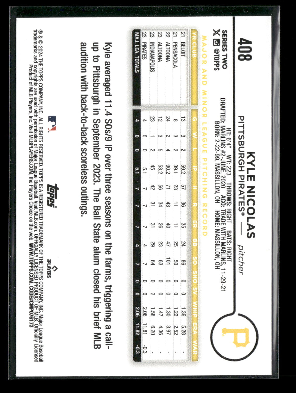 2024 Topps Series Two Kyle Nicolas #408 Aqua Border RC