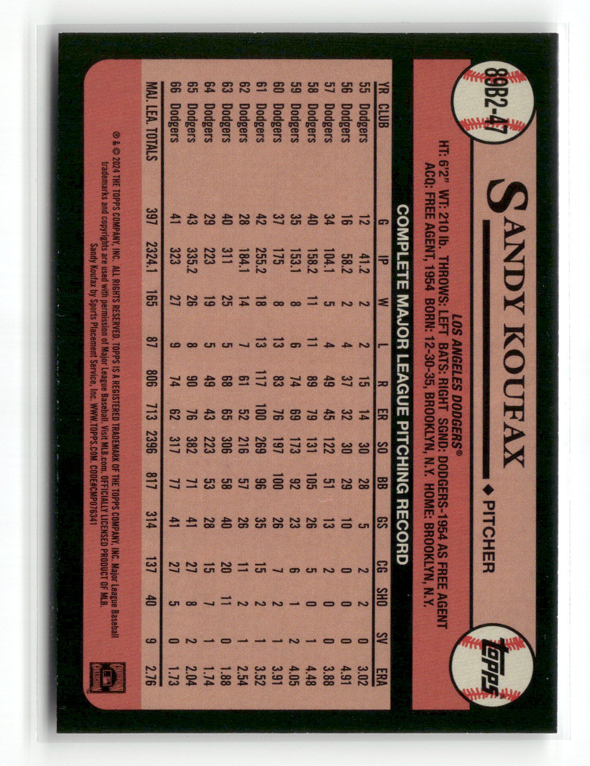 2024 Topps Series Two Sandy Koufax #89B2-47 1989 Topps Baseball