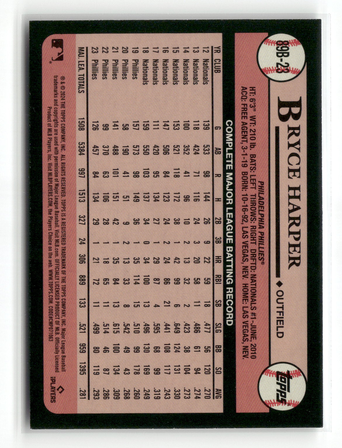 2024 Topps One Bryce Harper #89B-23 1989 Topps Baseball