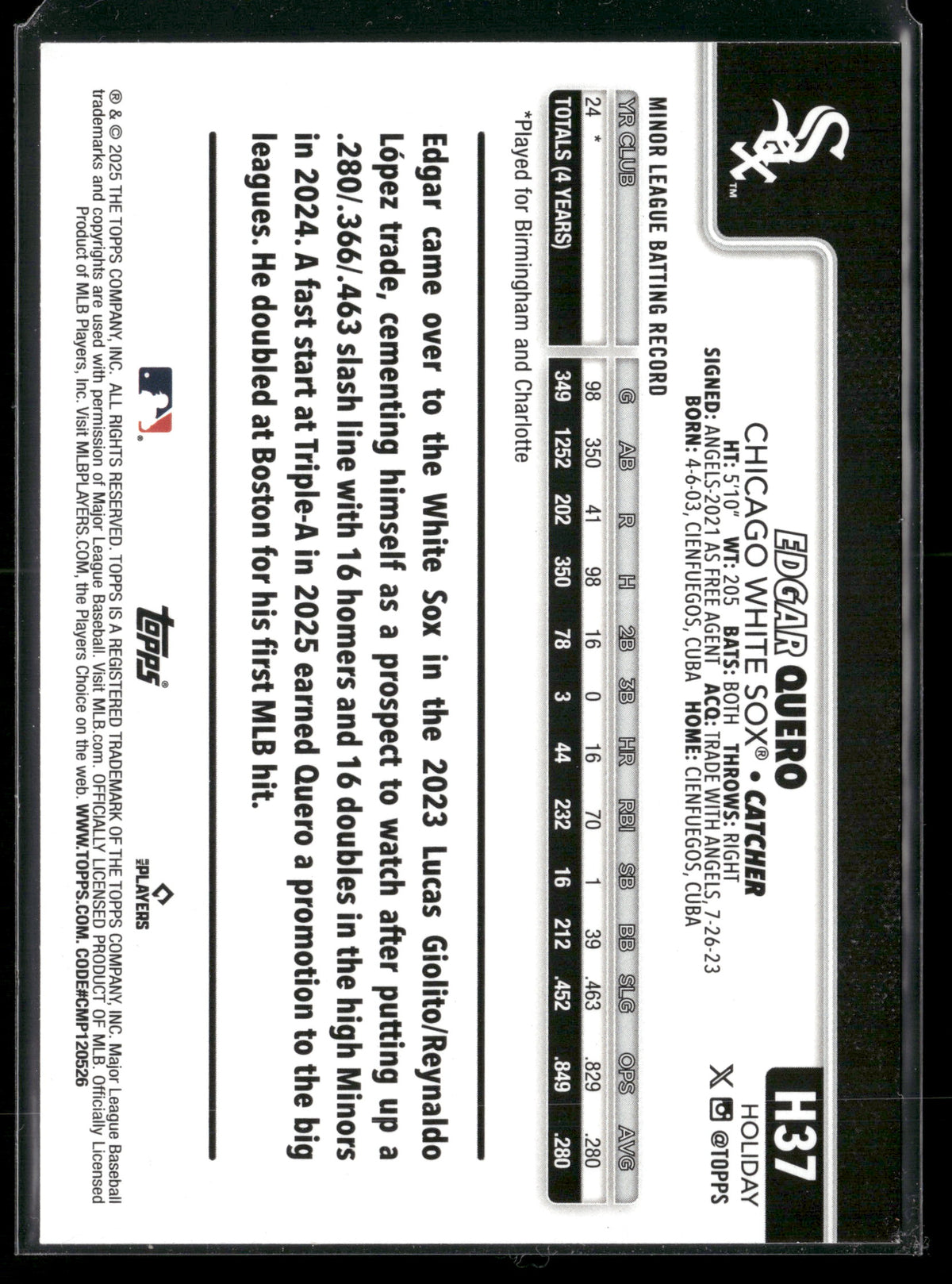 2025 Topps Holiday Edgar Quero #H37 RC