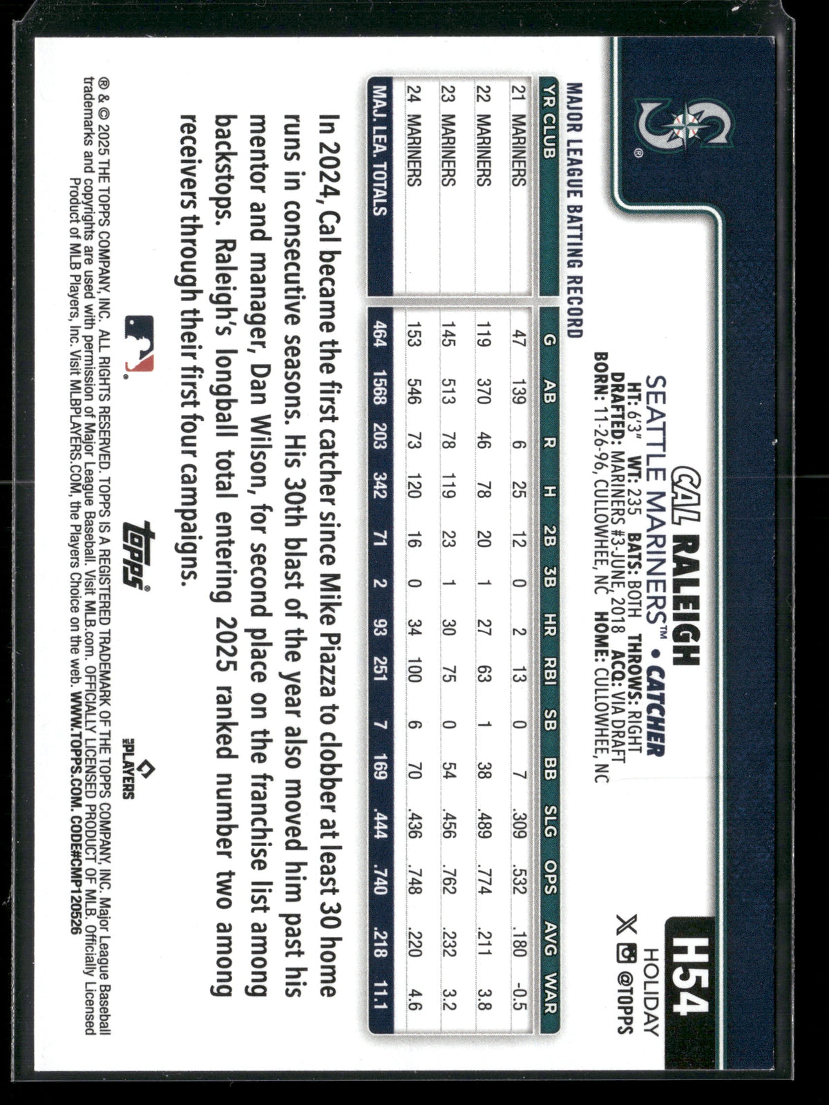 2025 Topps Holiday Cal Raleigh #H54