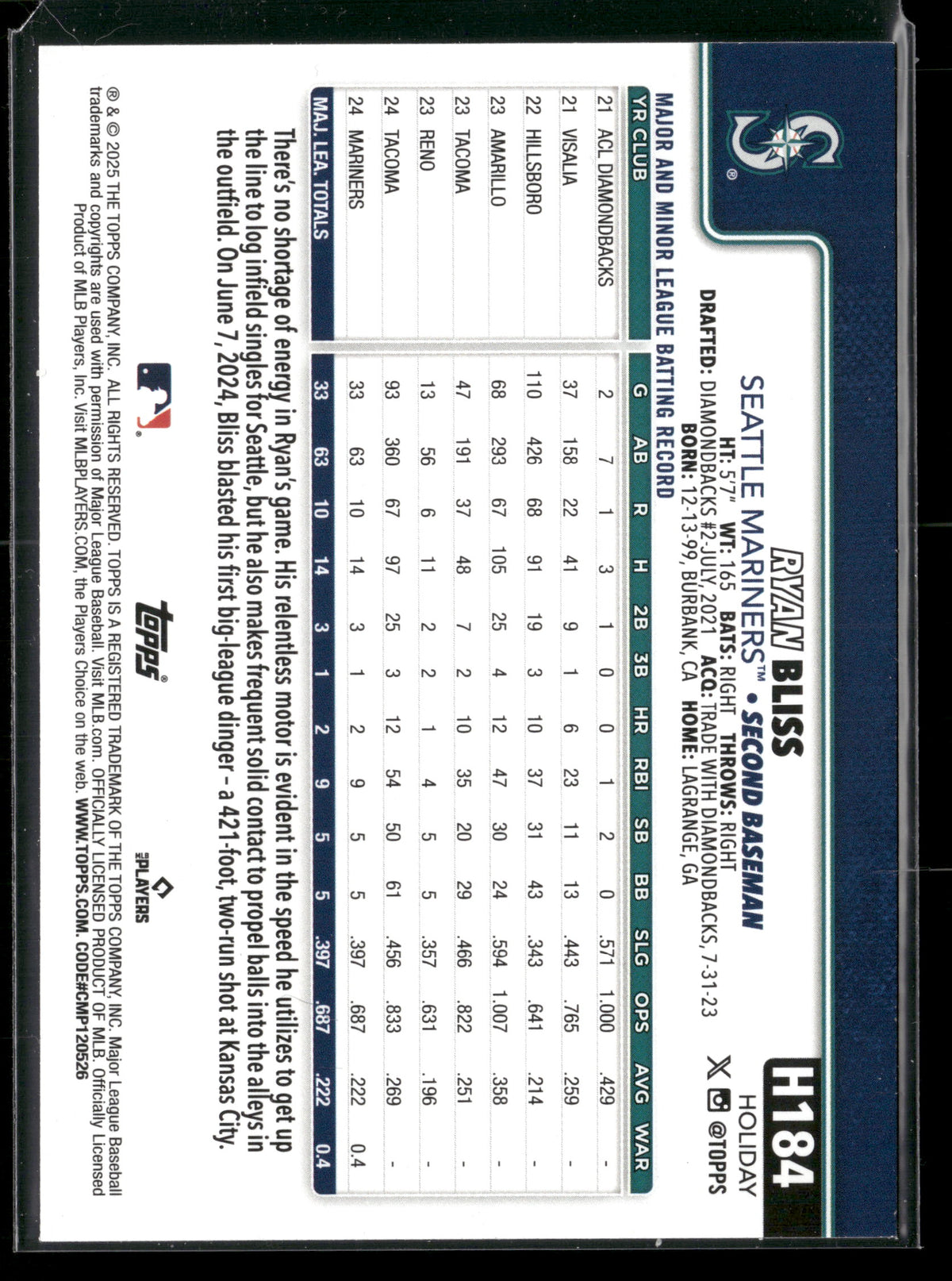 2025 Topps Holiday Ryan Bliss #H184 RC