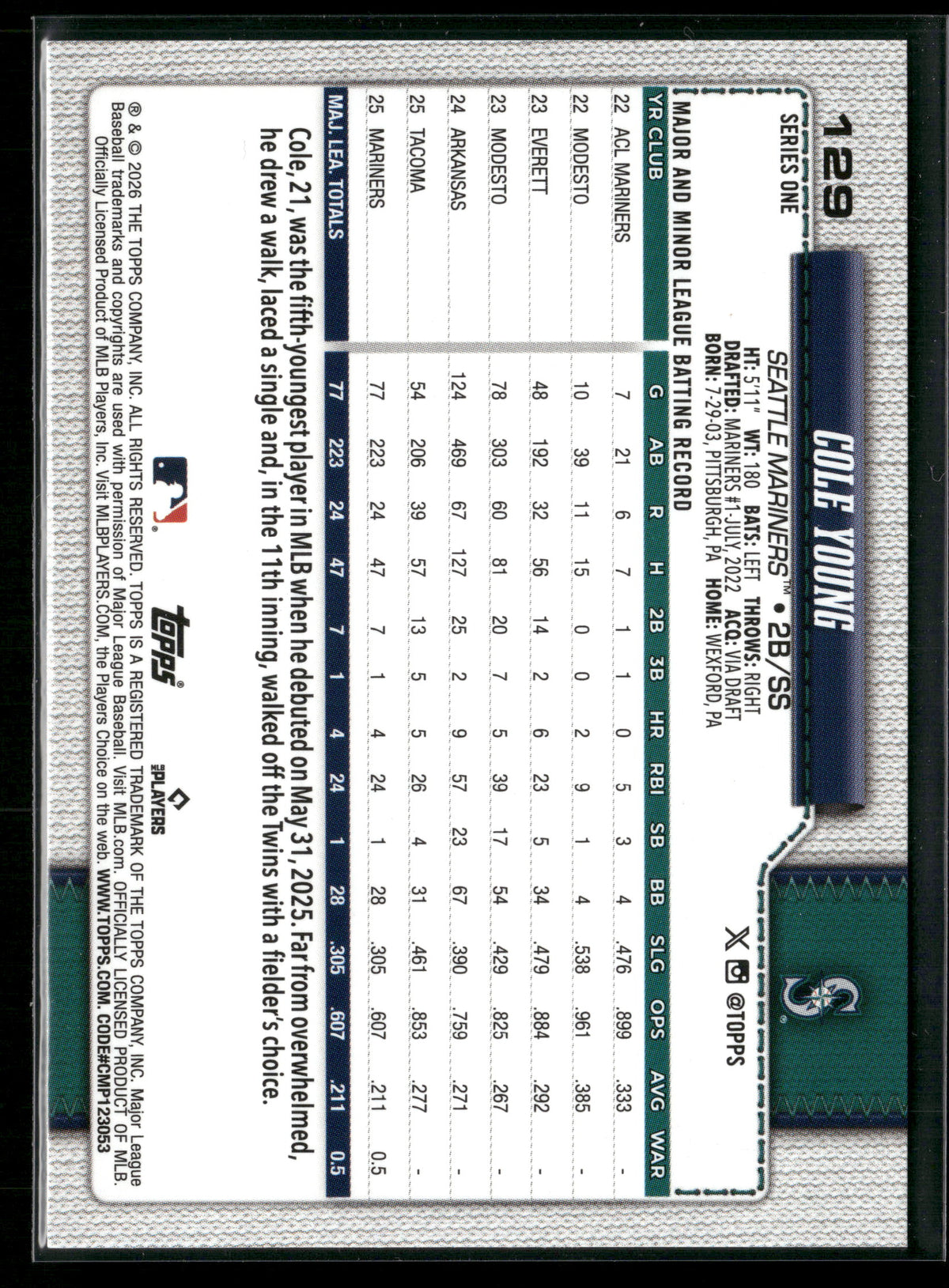 2026 Topps Series 1 Cole Young #129 Diamante Foil RC