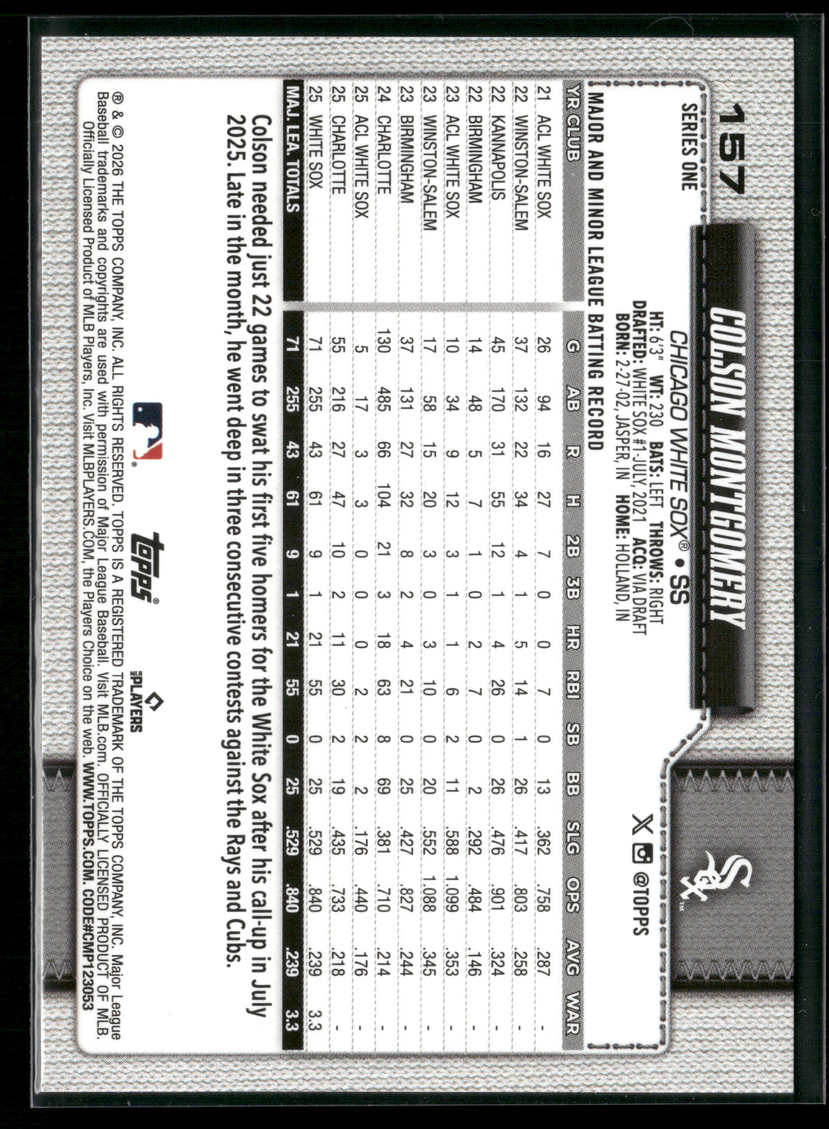 2026 Topps Series 1 Colson Montgomery #157 Diamante Foil RC