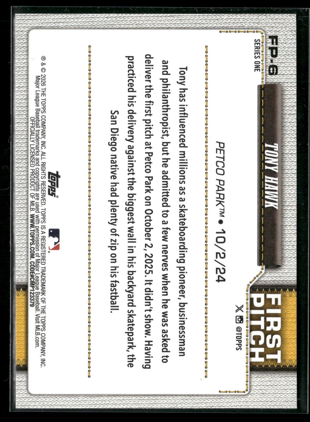 2026 Topps Series 1 Tony Hawk #FP-6 First Pitch