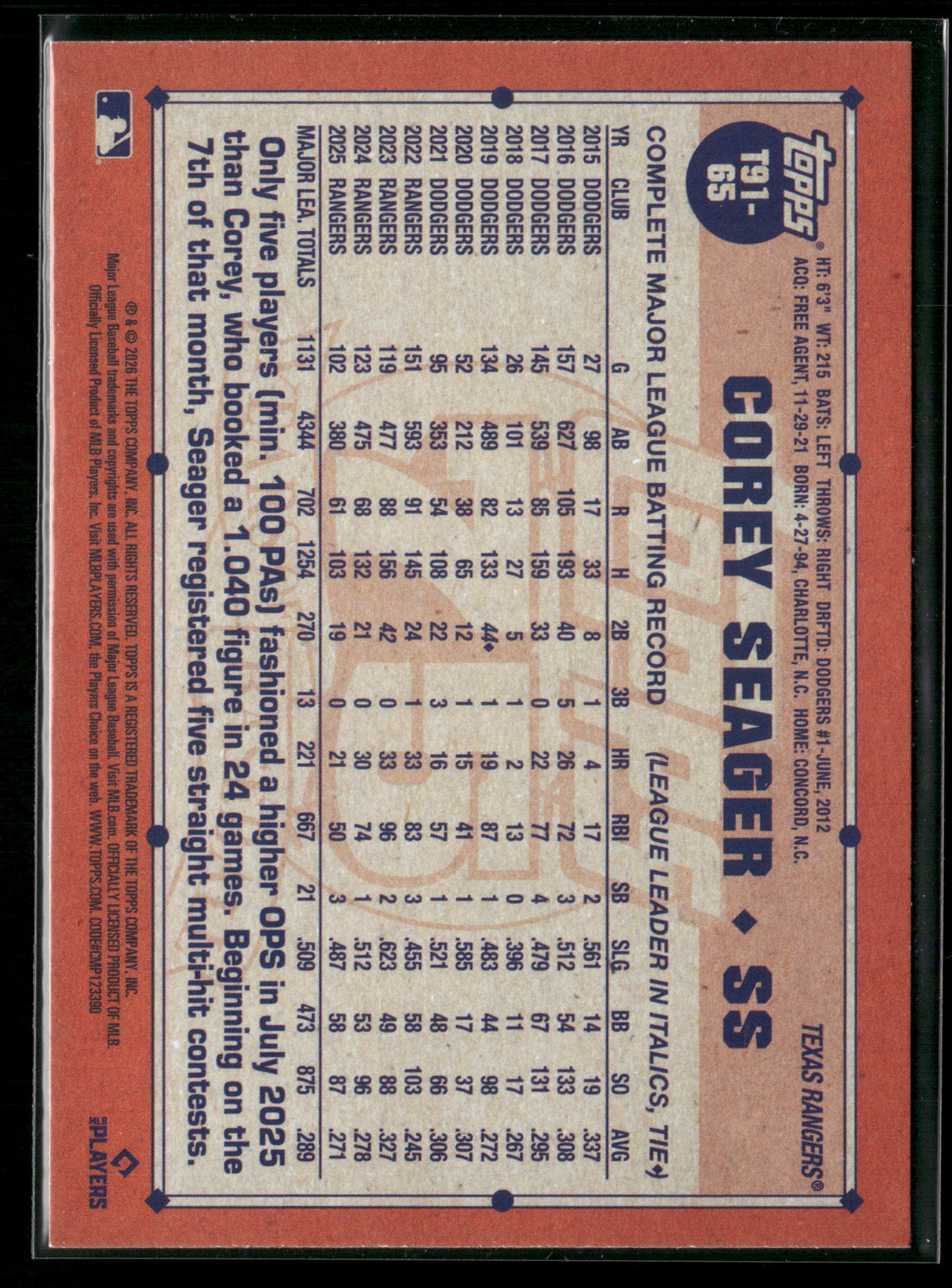 2026 Topps Series 1 Corey Seager #T91-65 1991 Topps Baseball