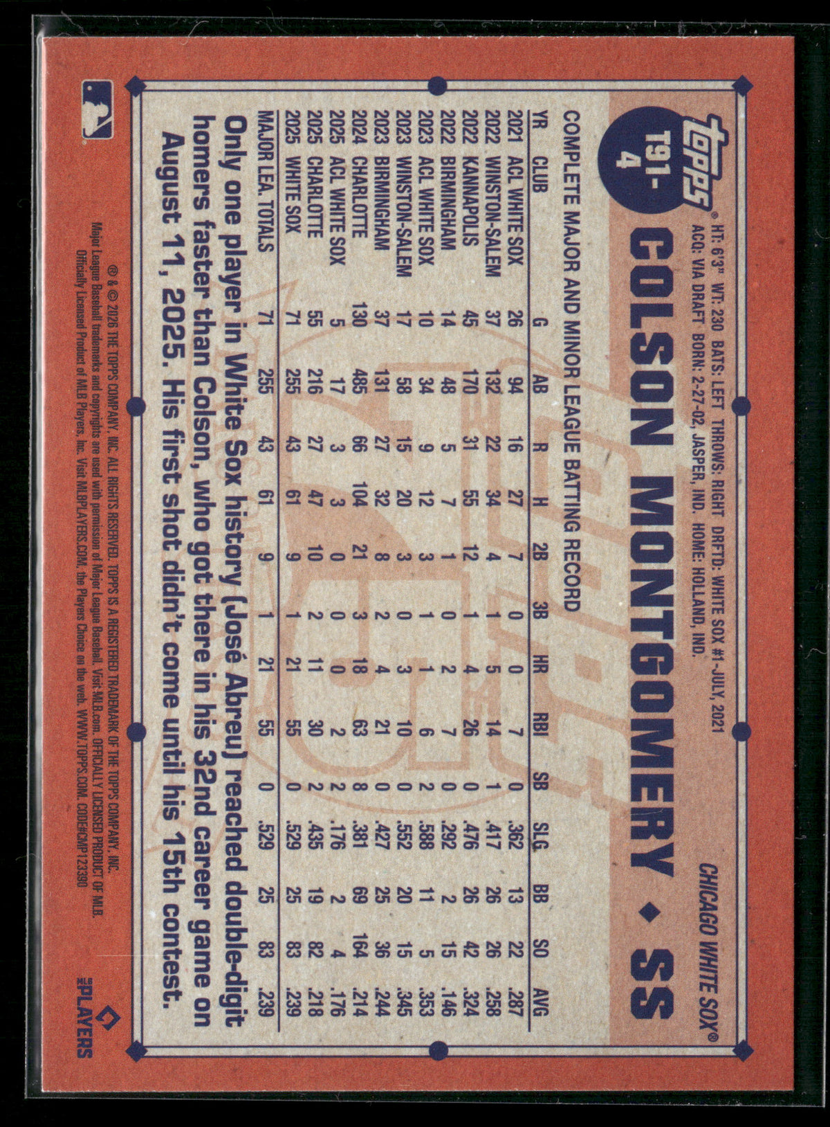 2026 Topps Series 1 Colson Montgomery #T91-4 RC 1991 Topps Baseball