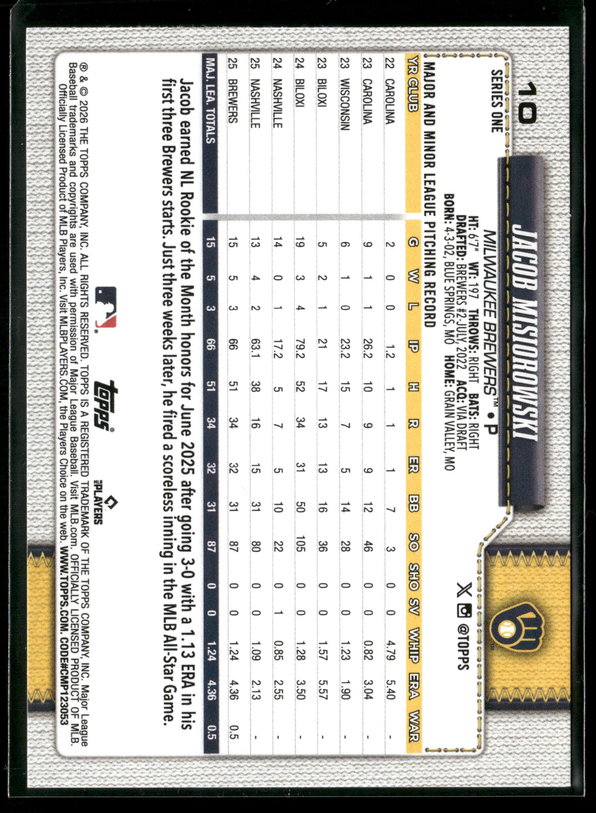 2026 Topps Series 1 Jacob Misiorowski #10 RC
