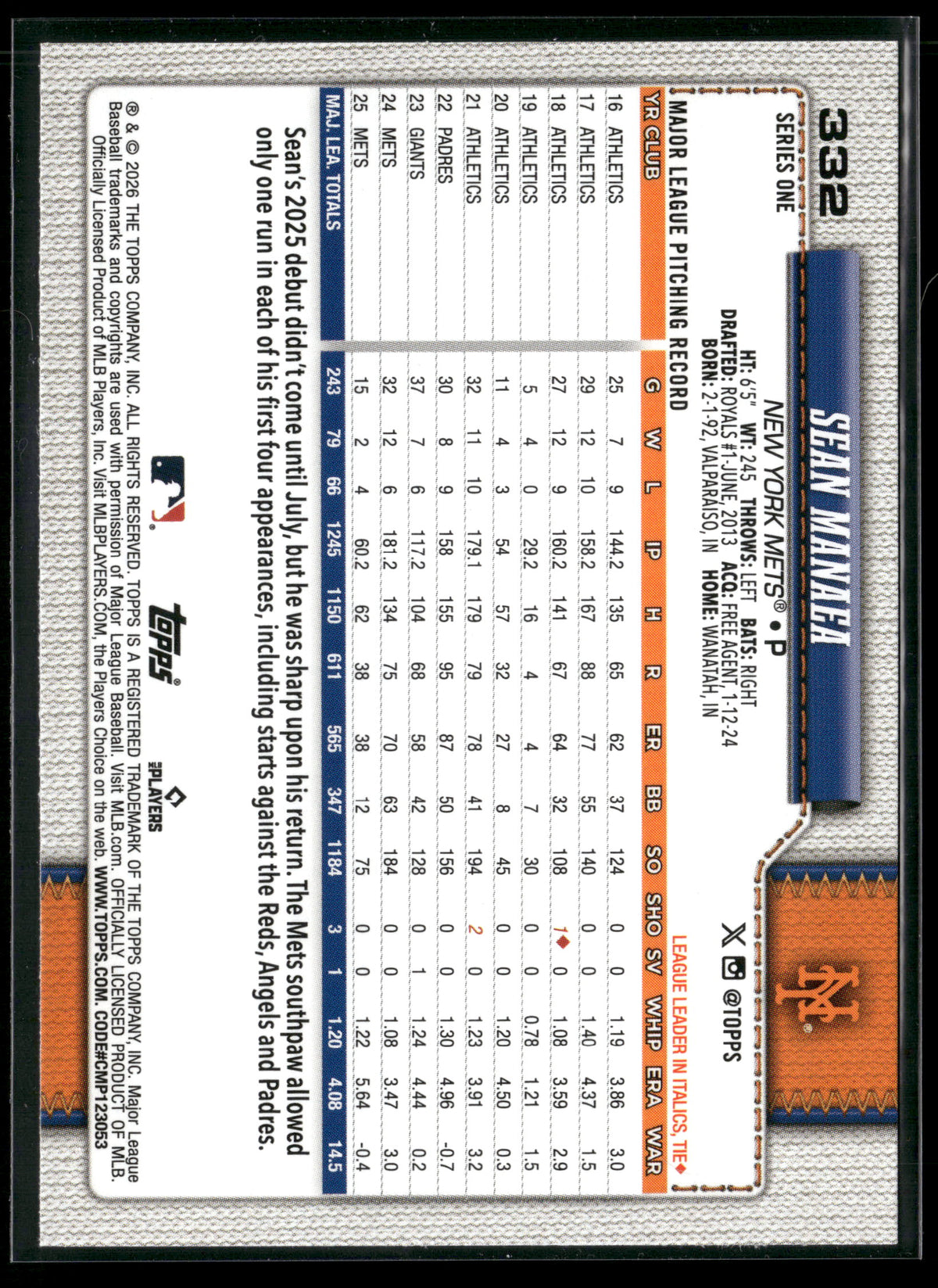 2026 Topps Series 1 Sean Manaea #332