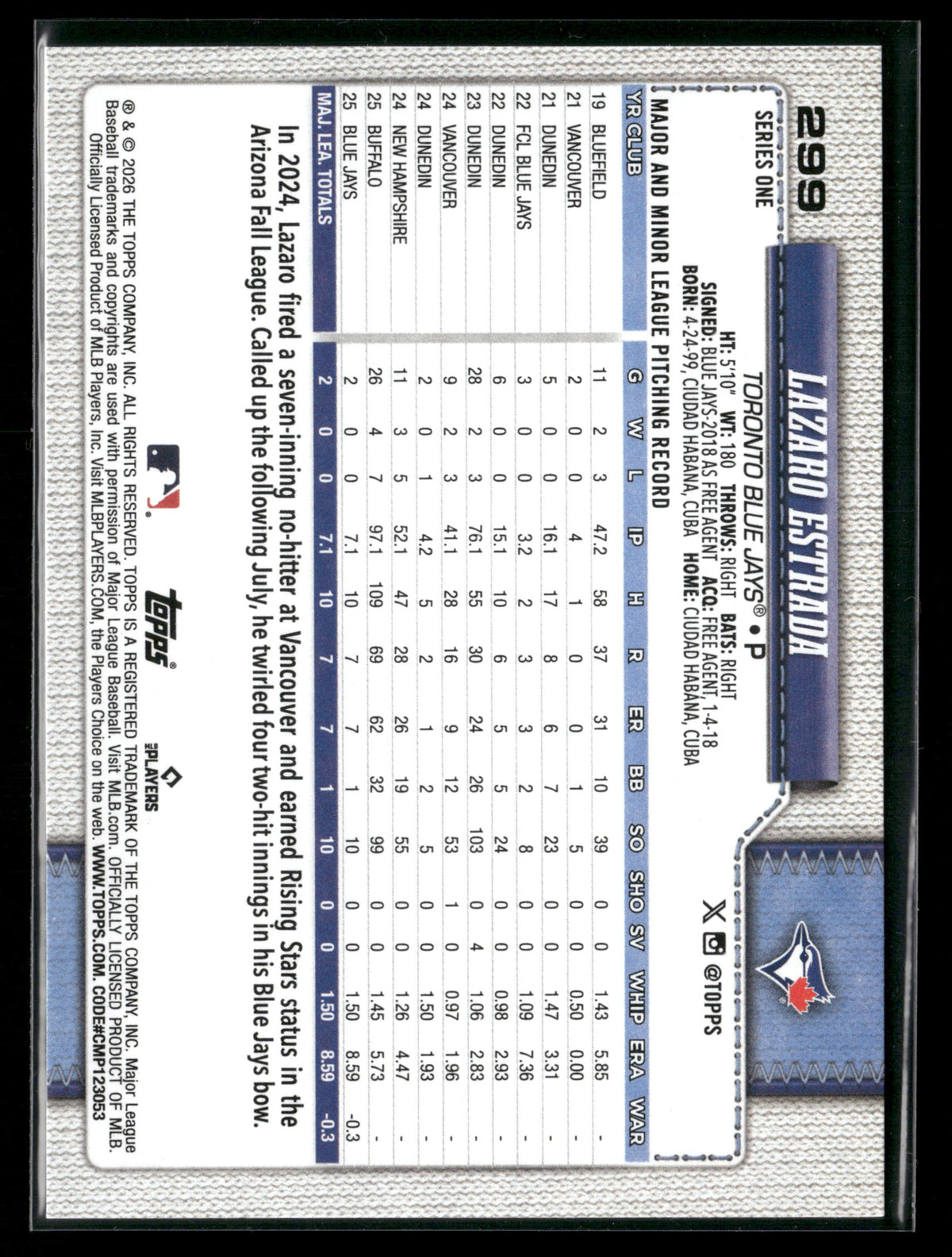 2026 Topps Series 1 Lazaro Estrada #299 RC