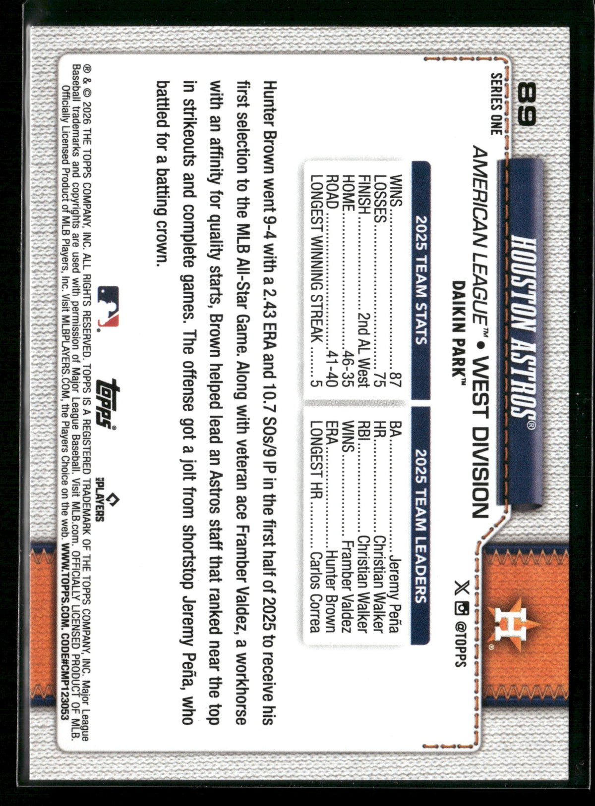 2026 Topps Series 1 Hunter Brown Houston Astros Yainer Diaz #89
