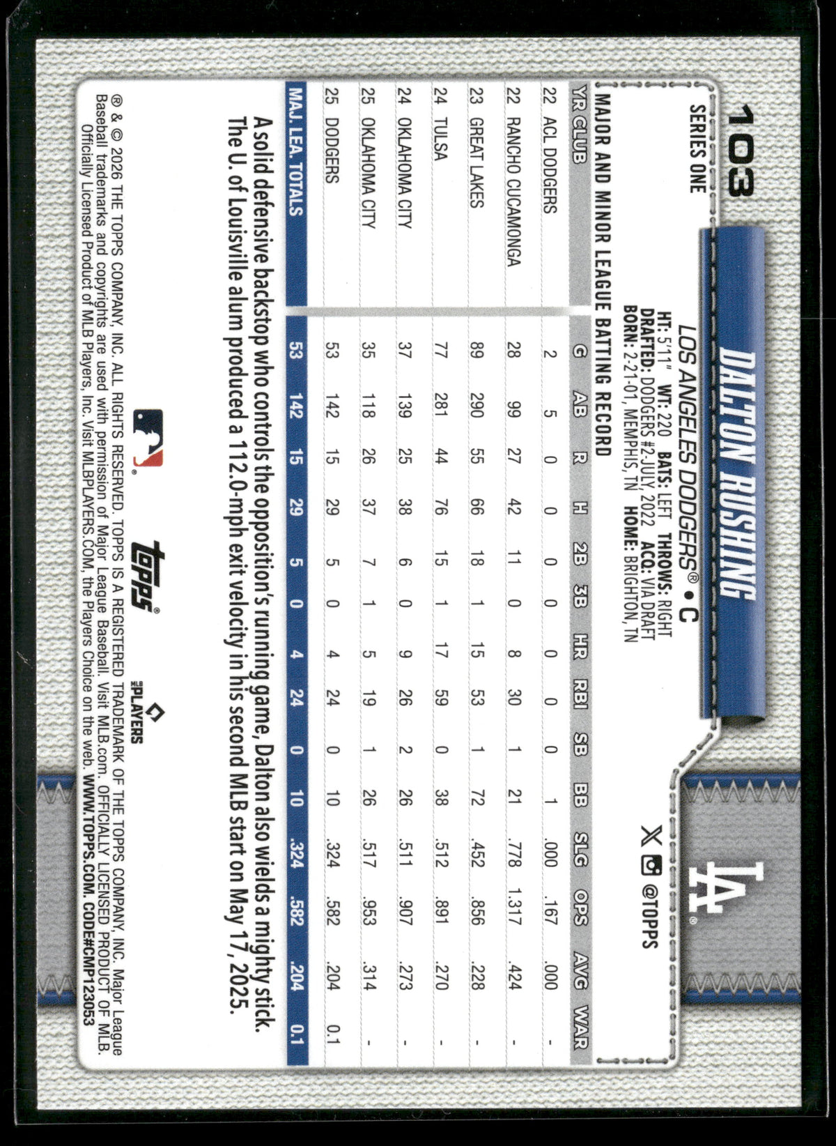 2026 Topps Series 1 Dalton Rushing #103