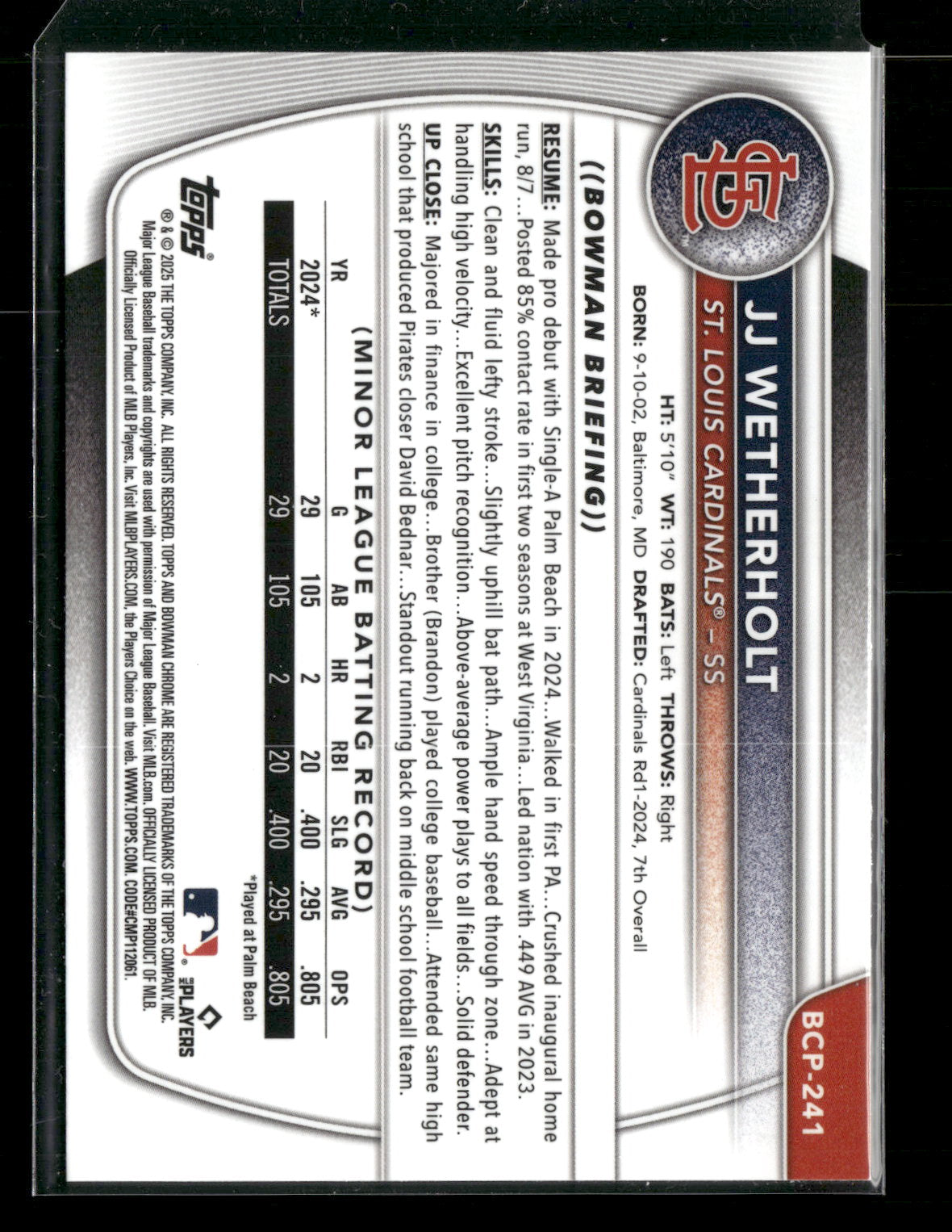 2025 Bowman Chrome JJ Wetherholt #BCP-241