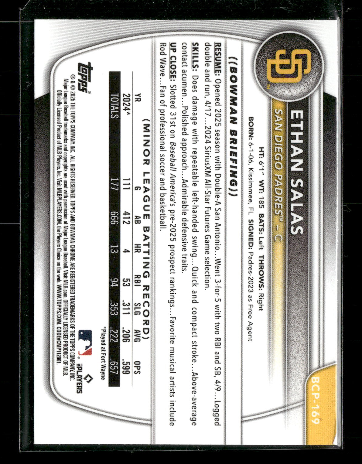 2025 Bowman Chrome Ethan Salas #BCP-169