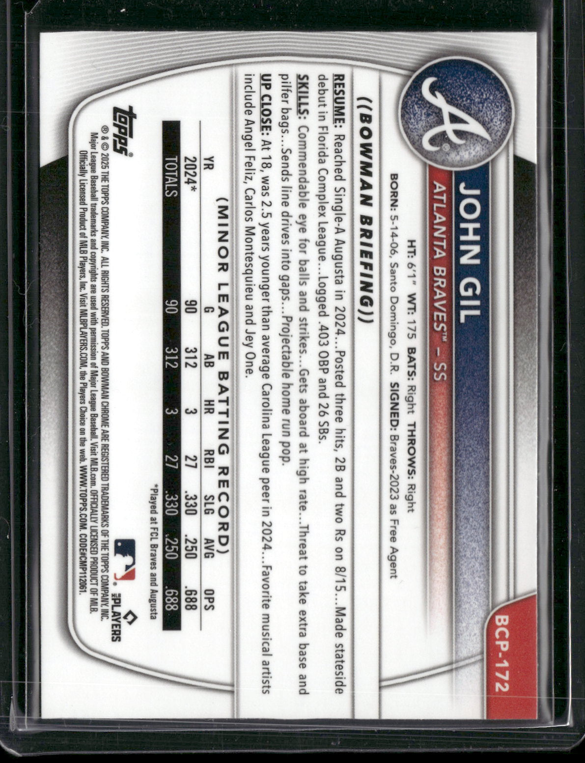 2025 Bowman Chrome John Gil #BCP-172 1st Bowman
