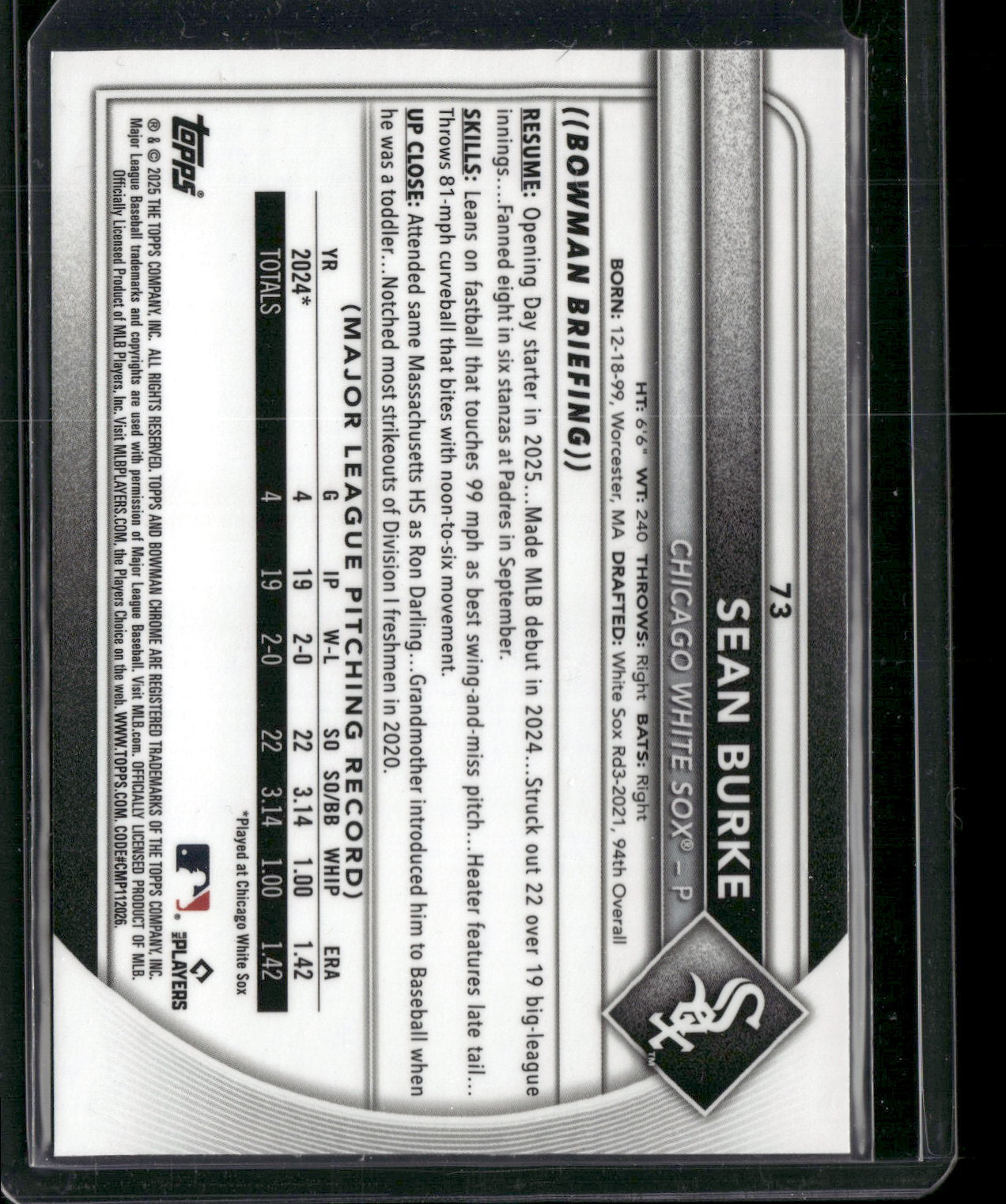 2025 Bowman Chrome Sean Burke #73 RC