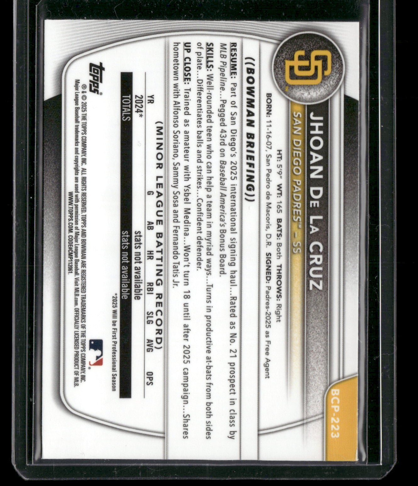 2025 Bowman Chrome Jhoan De La Cruz #BCP-223 1st Bowman