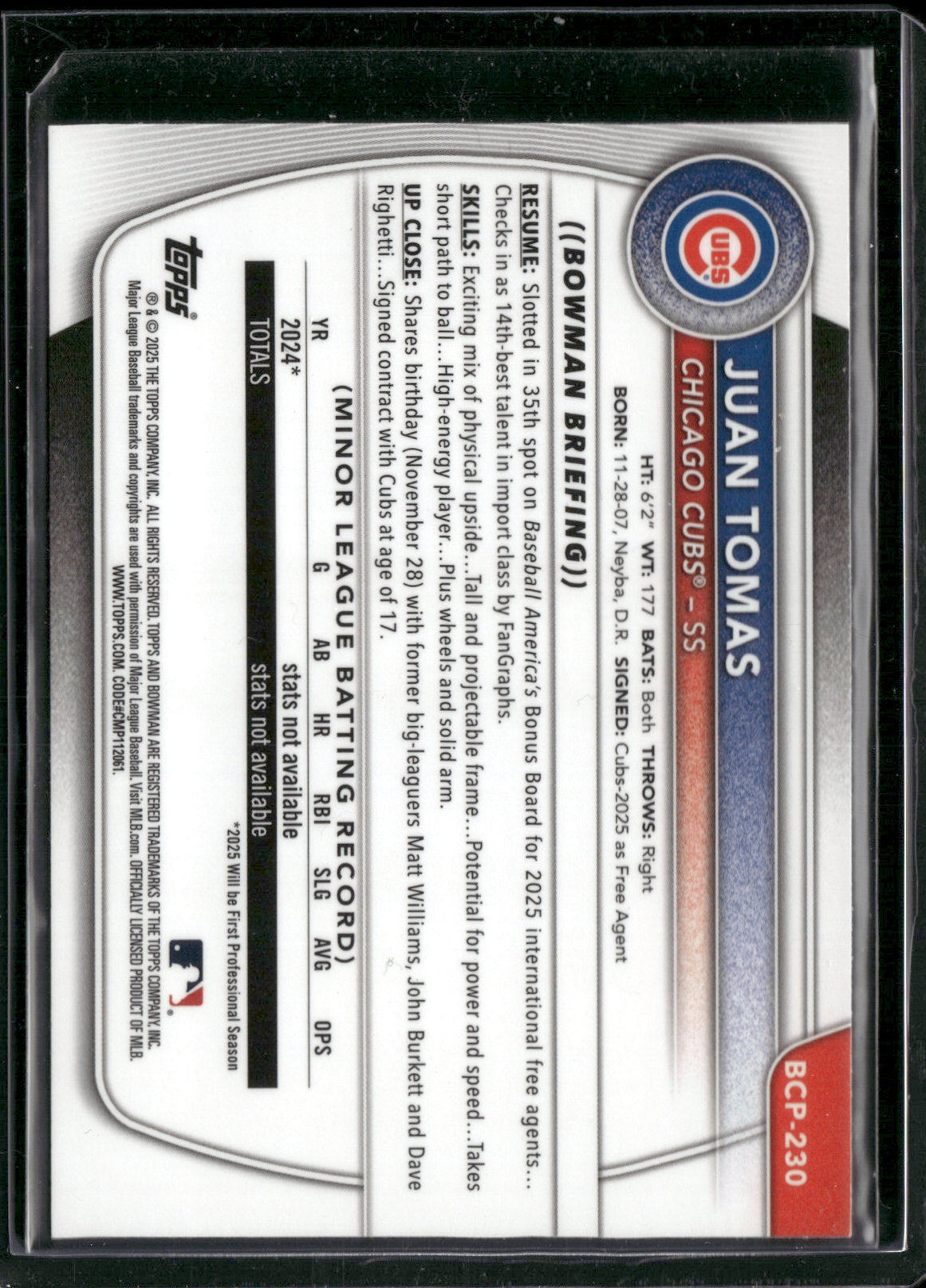 2025 Bowman Chrome Juan Tomas #BCP-230 1st Bowman