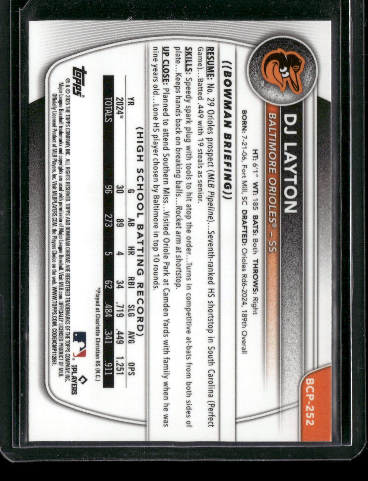 2025 Bowman Chrome DJ Layton #BCP-252 1st Bowman