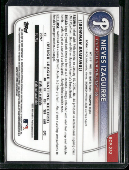 2025 Bowman Chrome Nieves Izaguirre #BCP-232 1st Bowman